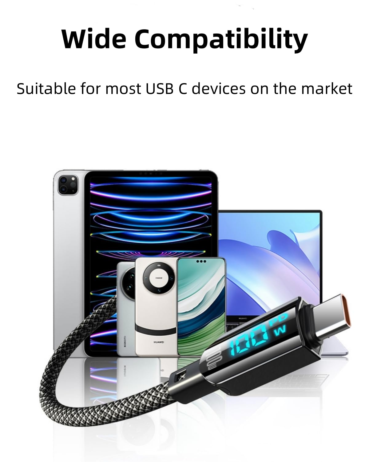 FOSION USB C Cable 100W，2-Pack 4FT USB a to C Cable Fast Charging Cable with LED Display, 480Mbps High-Speed Transfer Nylon Braided USB Type C Cable for Iphone 15 Pro Max Plus, Galaxy S24 23 S22 image number 3