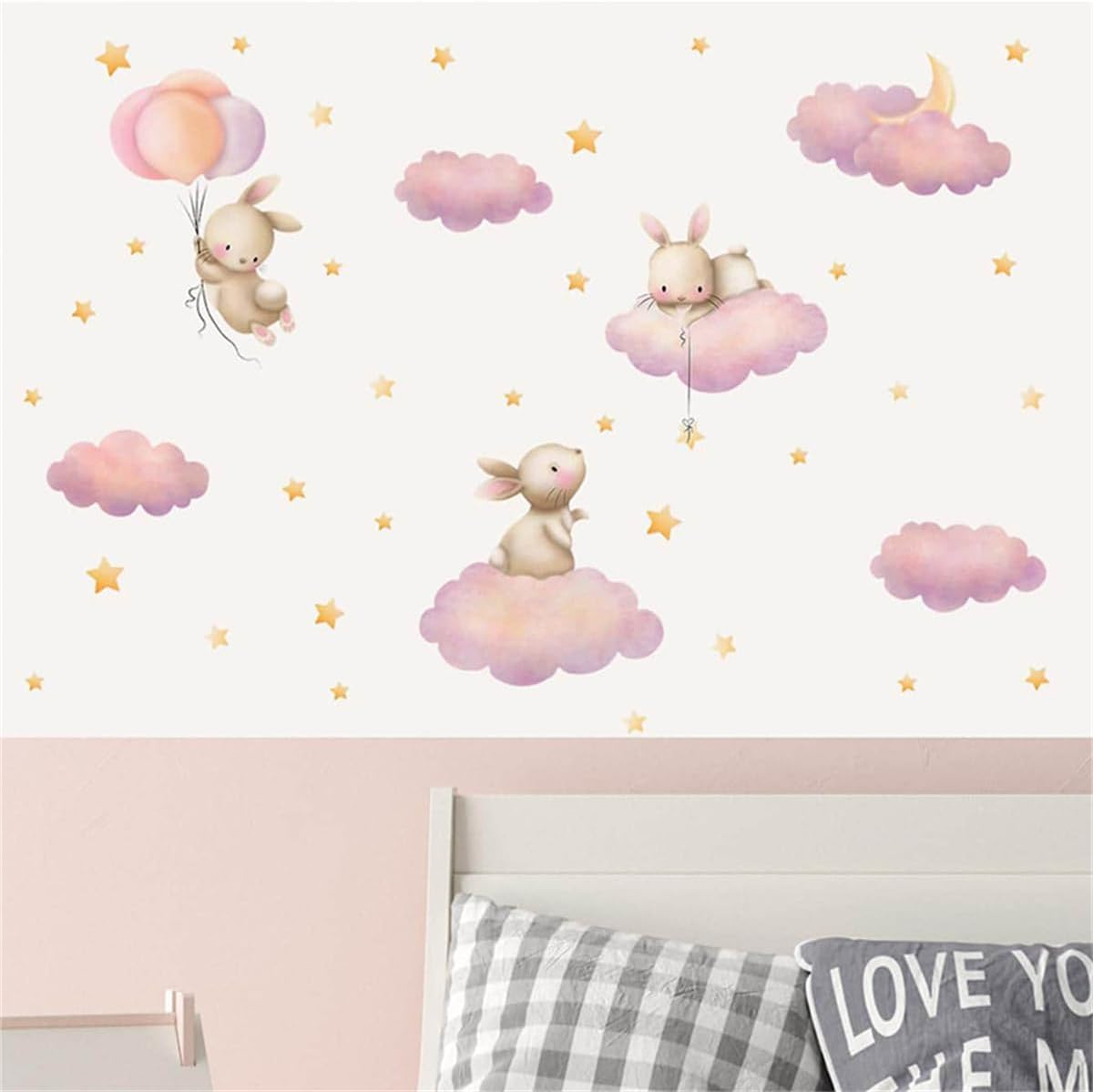 Cartoon Cute Rabbit Wall Decal the Moon and Stars Cloud Bunny Wall Stickers Nursery for Bedroom Girls Decor