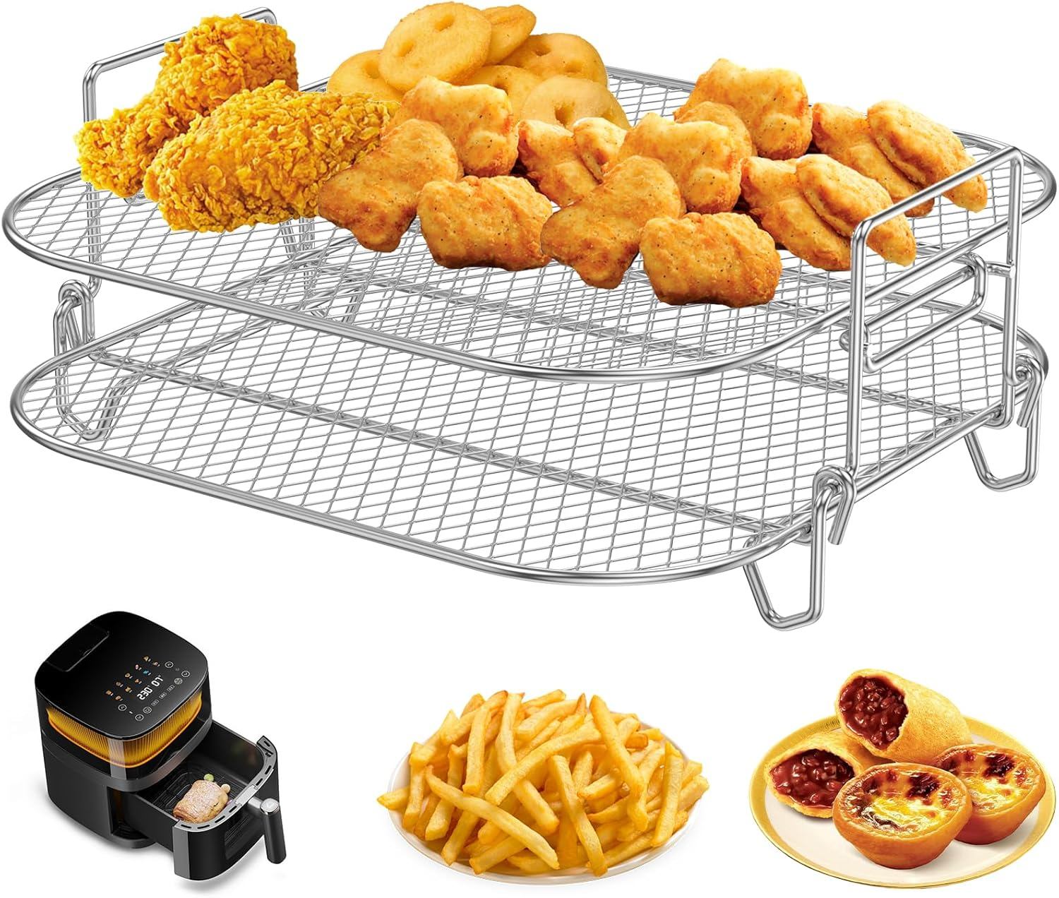 8 Inch Square Air Fryer Rack, 2 Layers Stainless Steel Dehydrator Rack, Square Air Fryer Accessories, Stackable Cooking Rack, Heat Resistant Toast Rack Dishwasher Safe for Square Air Fryer Oven image number 1