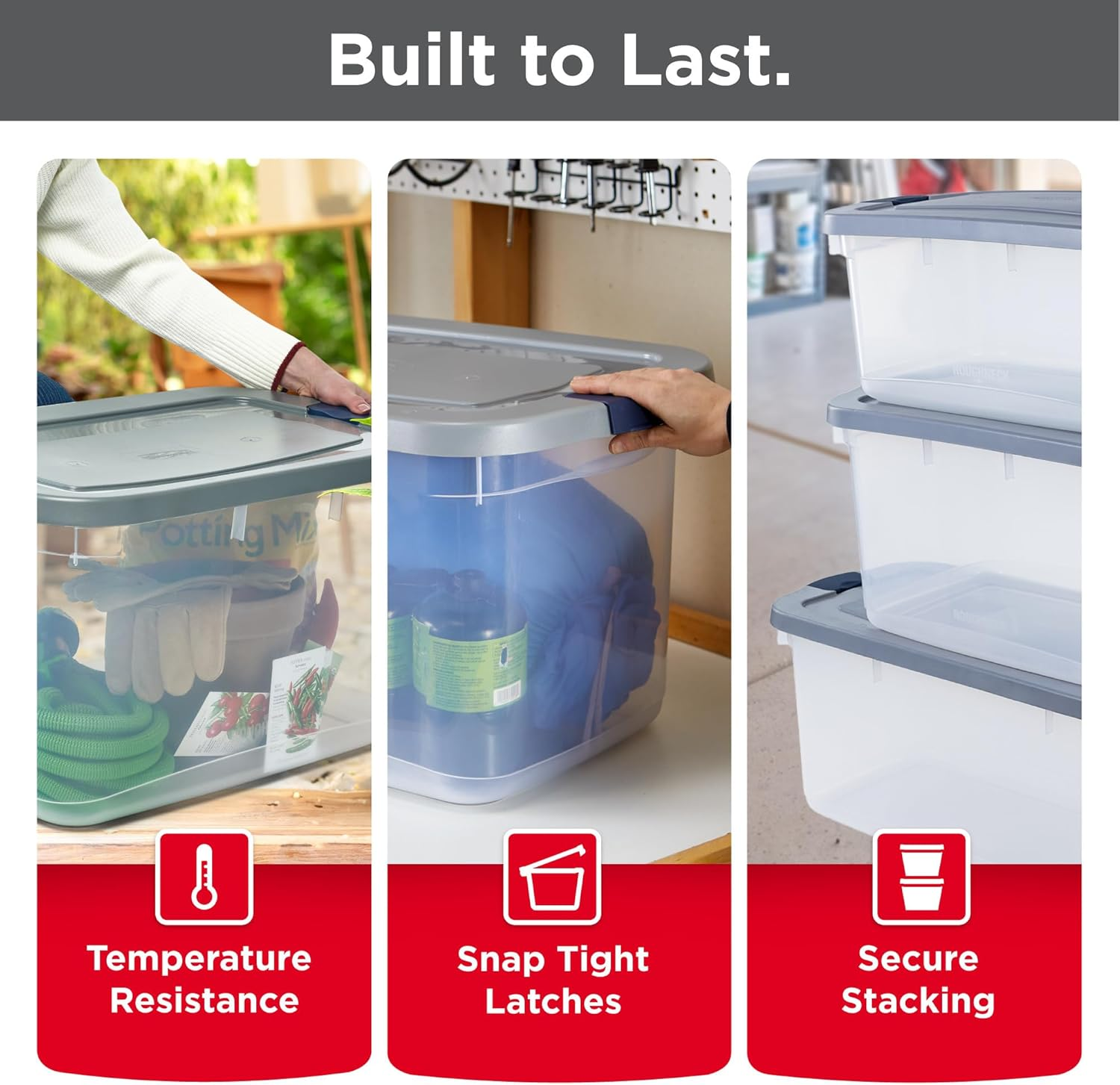 Rubbermaid Roughneck Clear 66 Qt/16.5 Gal Storage Containers, Pack of 4 with Snap-Fit Grey Lids, Visible Base, Sturdy and Stackable, Great for Storage and Organization image number 3