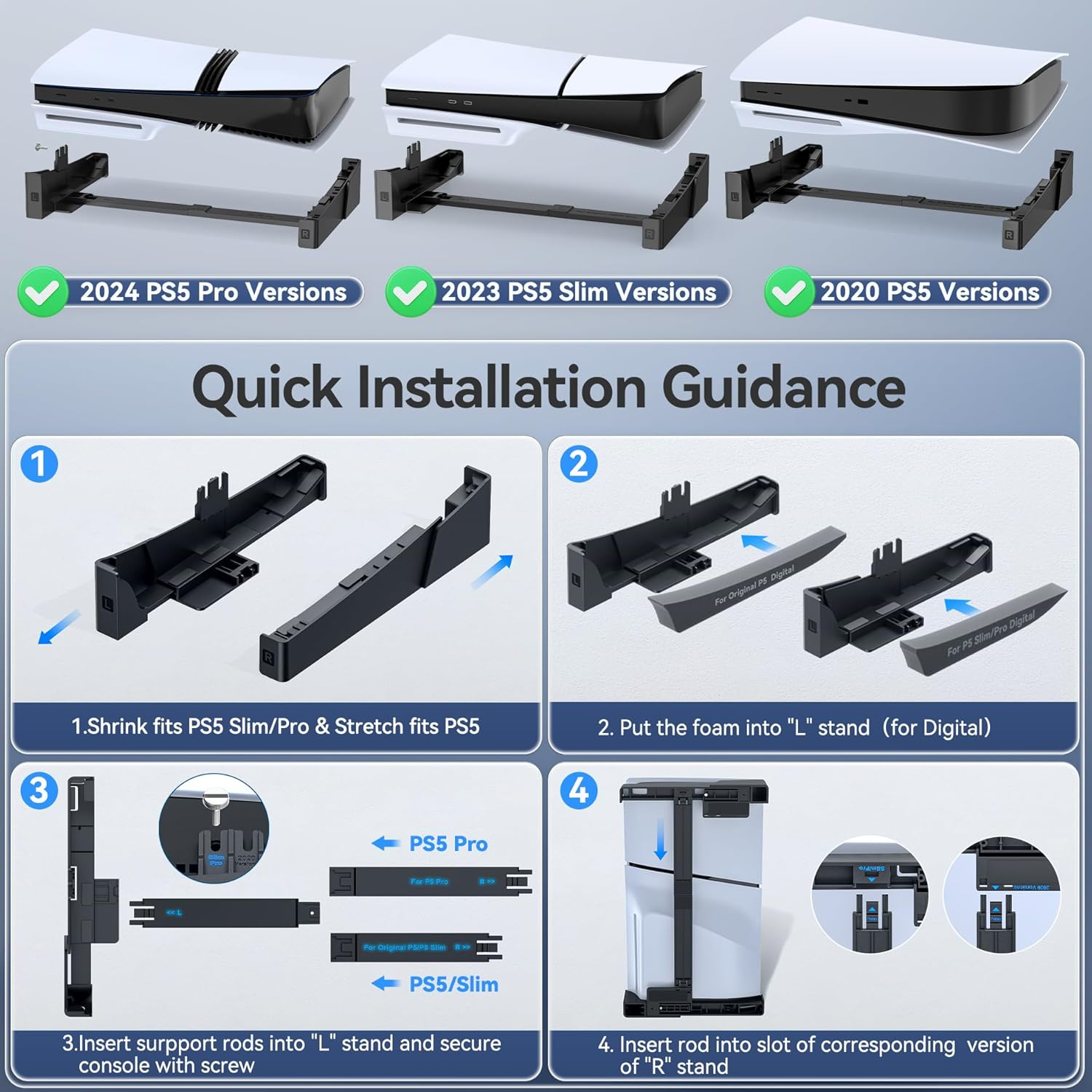 OIVO PS5 Horizontal Stand for Original/Slim/Pro Disc & Digital Console, Stable PS5 Accessories Base Stand with Upgraded Support Rods on Bottom & Scalable Design for PS 5 Console, Black image number 2