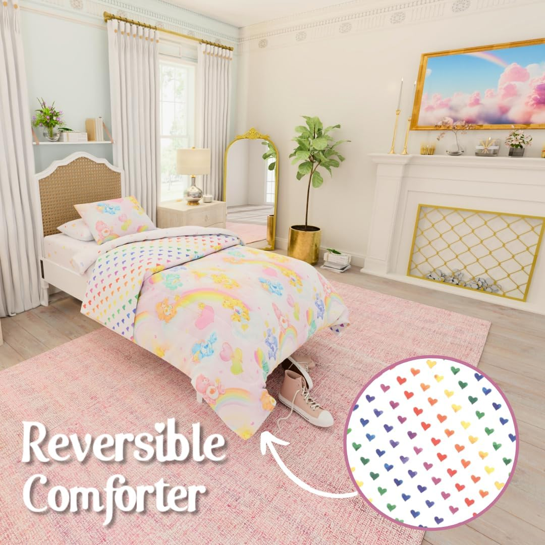 Franco Collectibles Care Bears Classic Retro Rainbow Bedding 5 Piece Super Soft Comforter and Sheet Set with Sham, Twin, (100% Official Licensed Product)