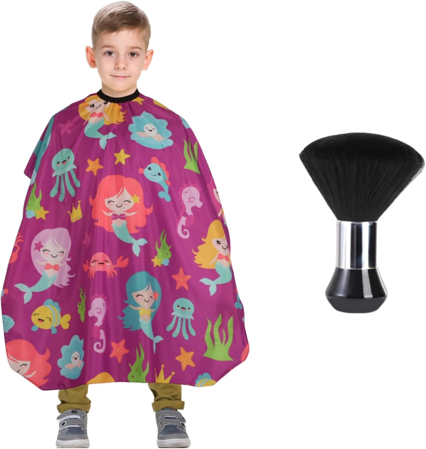 Kids Barber Cape with Neck Duster Brush, Professional Salon Hair Cutting Cape with Adjustable Snap Closure