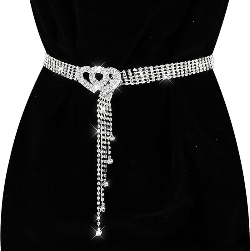 Rhinestone Waist Belt with Heart Buckle, Crystal Waist Chain Belt Adjustable Shiny Diamond Waistband Belt for Women image number 5