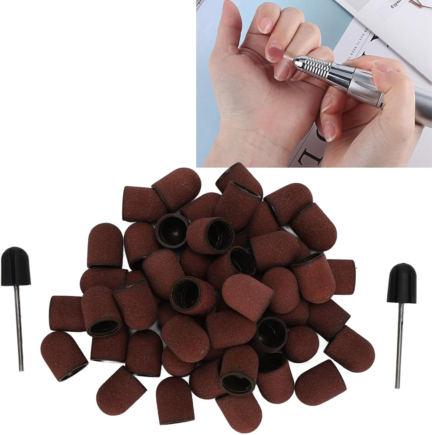 Jiawu 120 Grit Nail Art Sanding Caps Manicure Polishing Grinding Bands Set with Shaft for Nail Sanding Bands image number 3