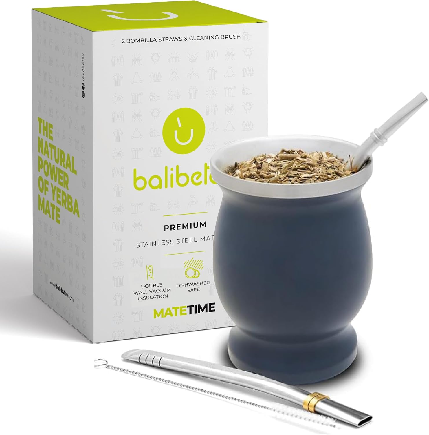 BALIBETOV Mate Cup and Bombilla Set - Yerba Mate Set Includes One Yerba Mate Cup, Two Bombilla Mate (Straw) and Brush - Stainless Steel Double-Wall | Easy to Clean Yerba Mate Gourd (Wood)