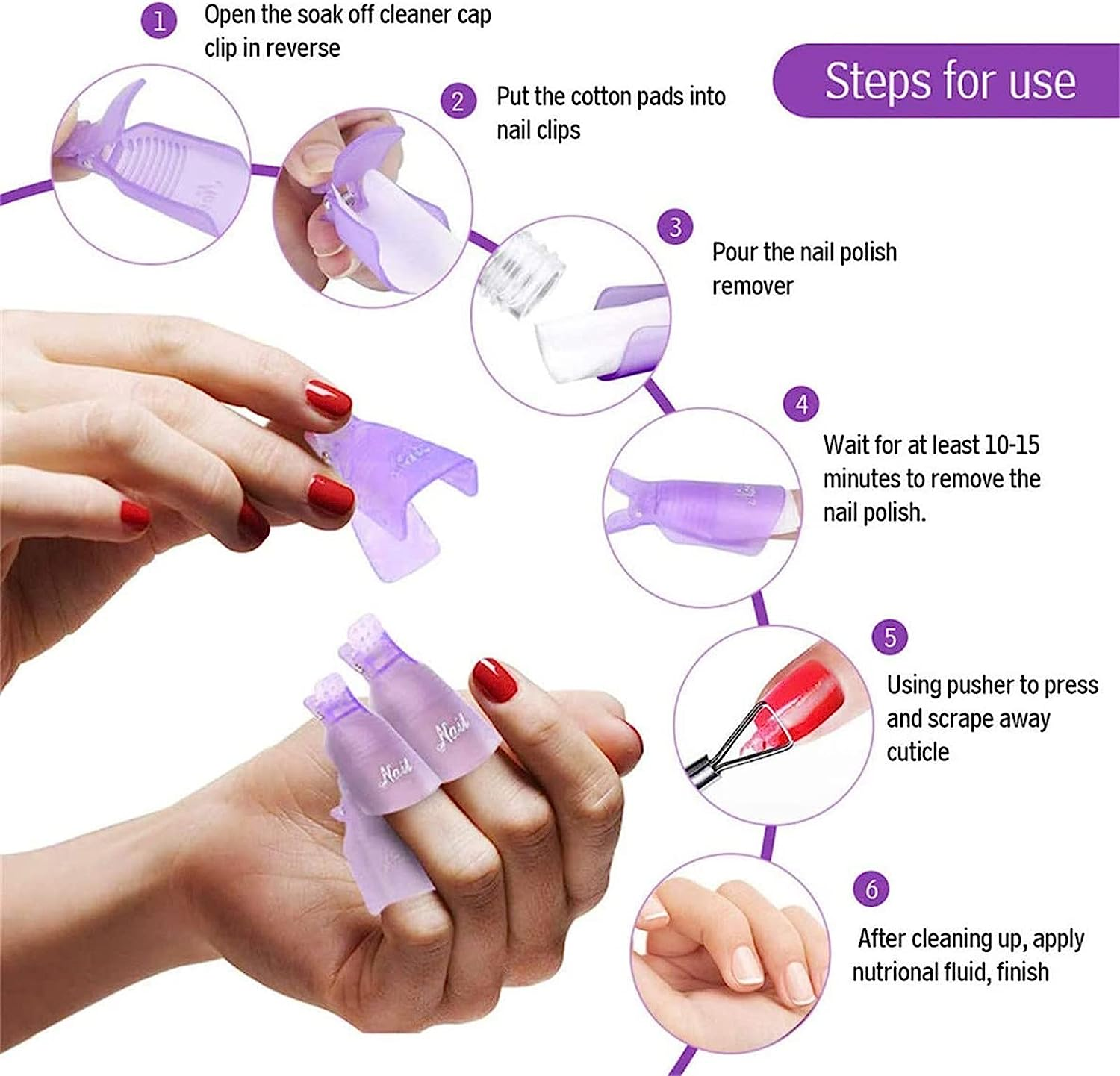 TAVVKE Nail Polish Remover Clips Set, Nails Art Gel Cap Soak off Clip UV Manicure Acrylic Nails Wrap Tool 10 Pcs (Purple) - Pink image number 7