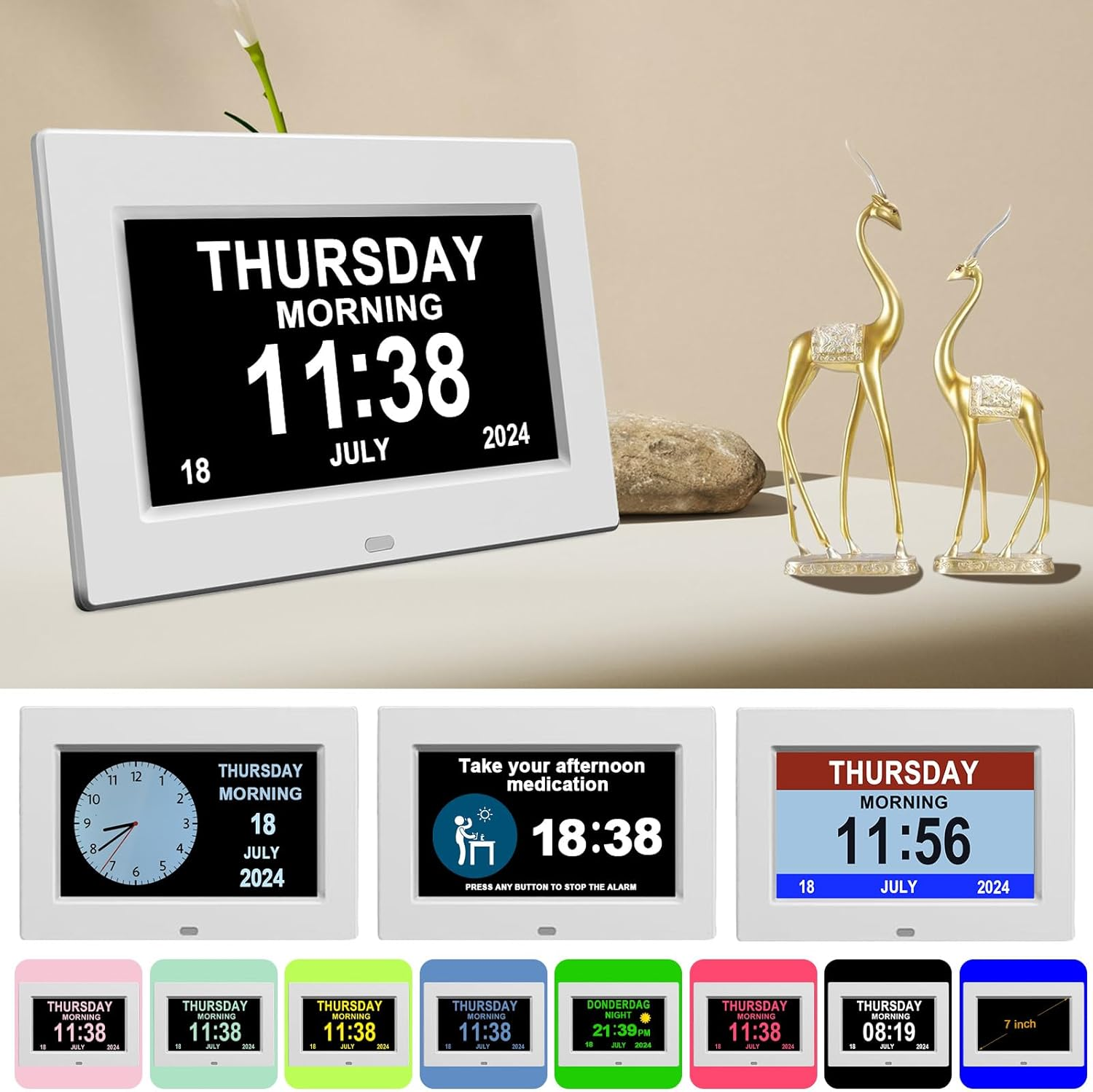 Dementia Clock for Seniors - 7" Large Clock for Seniors with Dementia, Digital Clock with Date & on Time Alarms, Remote Control, Dementia Wall Clocks for Elderly- White image number 6