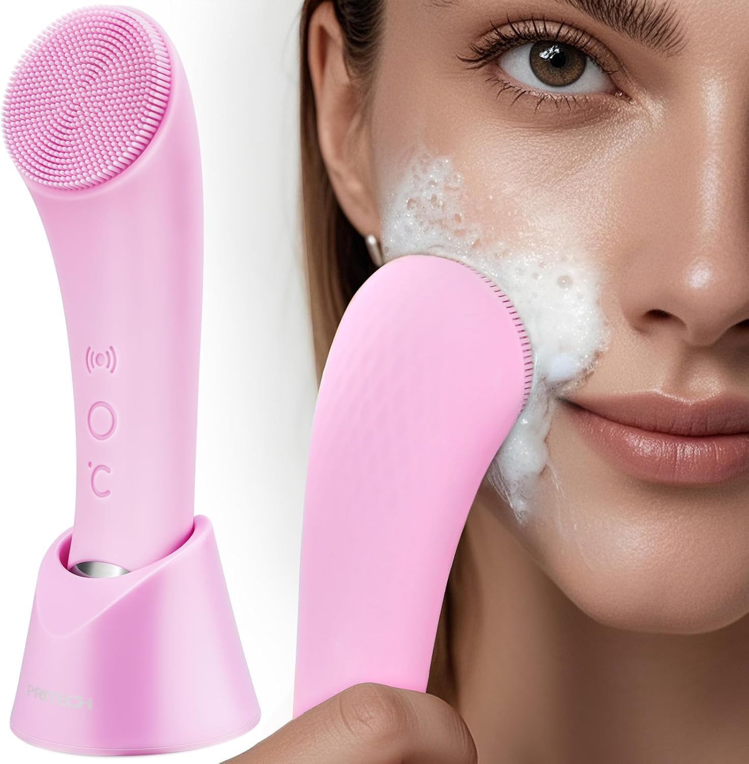 PRITECH Silicone Face Scrubber, Rechargeable Facial Cleansing Brush with Heat Massage End, Vibrating Exfoliator Scrubber for Deep Cleaning, Waterproof Face Brush for Women and Men (Greenau)