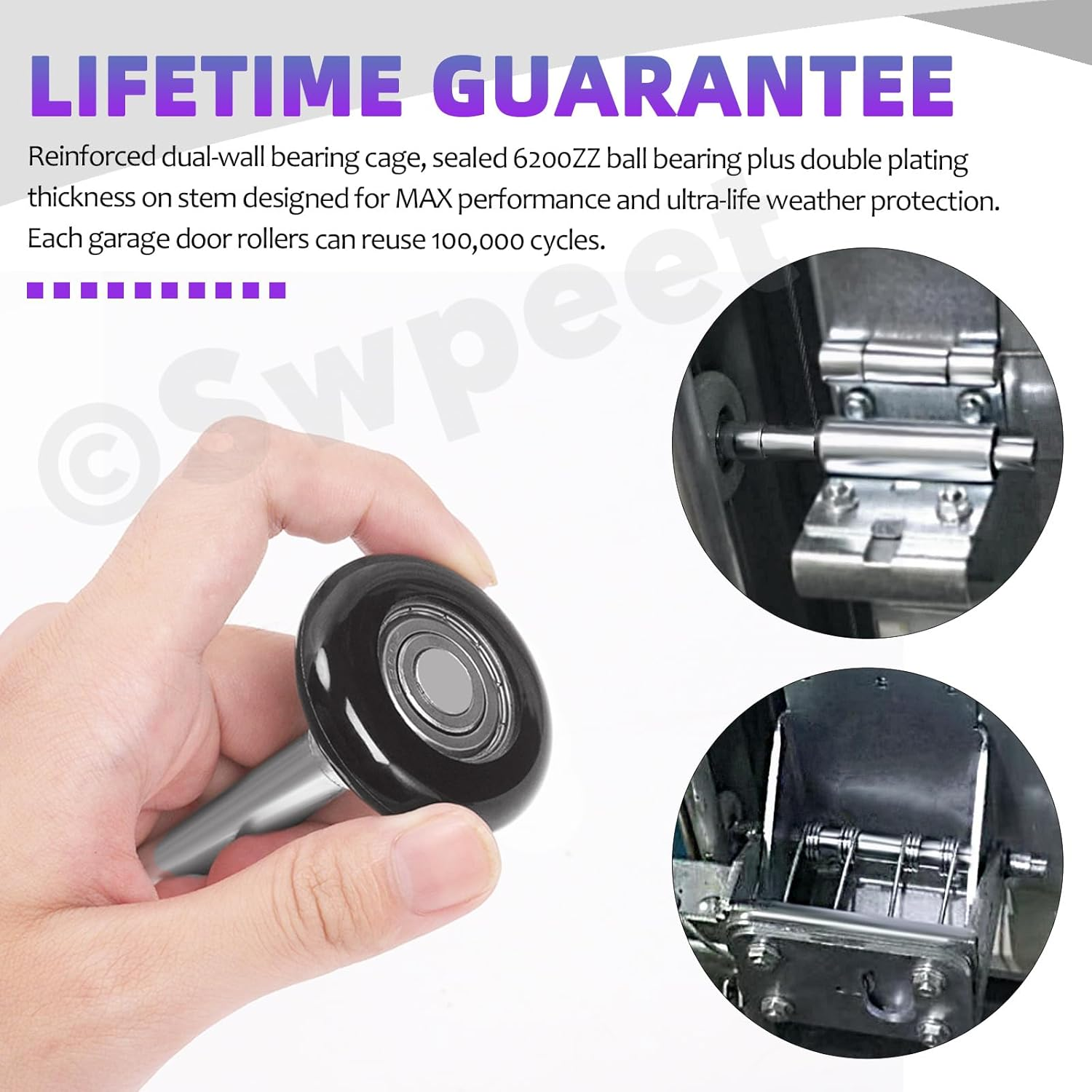 Swpeet 12Pcs 1.8" Black Quiet Garage Door Rollers - Nylon Wheels Replacement, Reinforced Dual Cage, Sealed 6200ZZ Ball Bearing 4" Stem, High Performance for Track image number 4