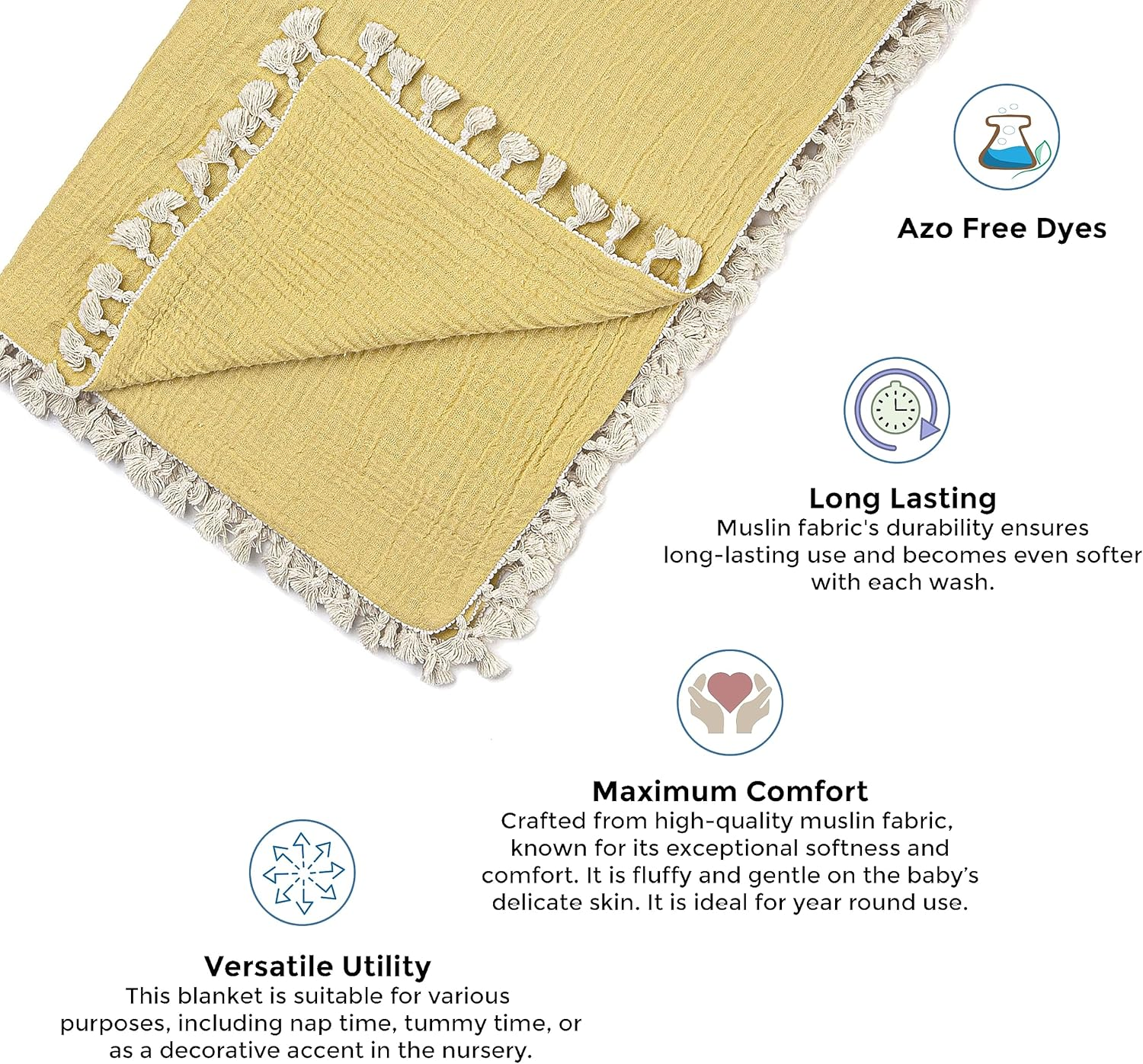 Crane Baby Muslin Swaddle Blanket, Soft Cotton Lightweight Nursery and Stroller Blanket for Baby Boys & Girls, Ochre Yellow, 30" X 40" image number 4