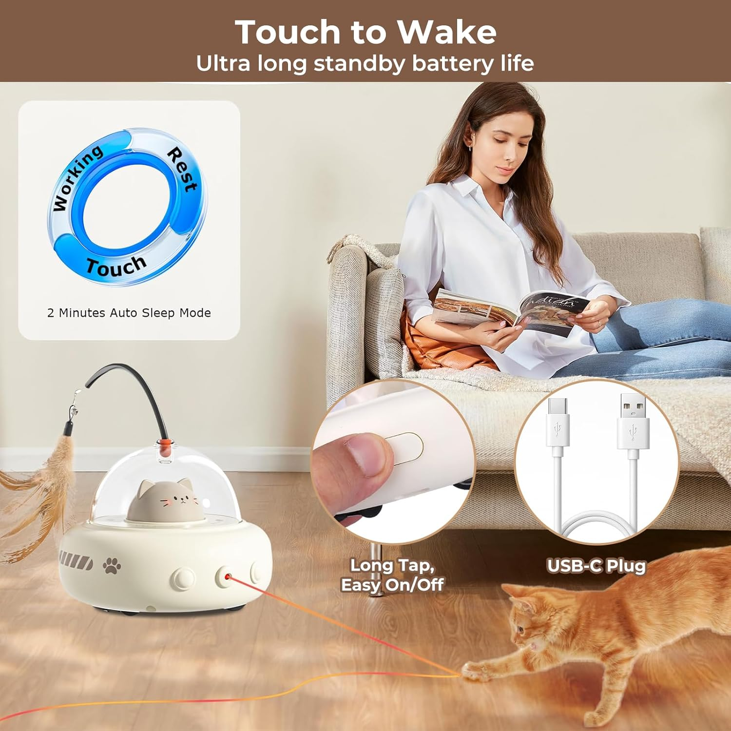 VCCLFSIA Automatic Laser Cat Toy, 2-In-1 Interactive Cat Toys with Laser and Feather Cat Wand for Indoor Cats, Self-Moving Rechargeable Cat Teaser Toys image number 2