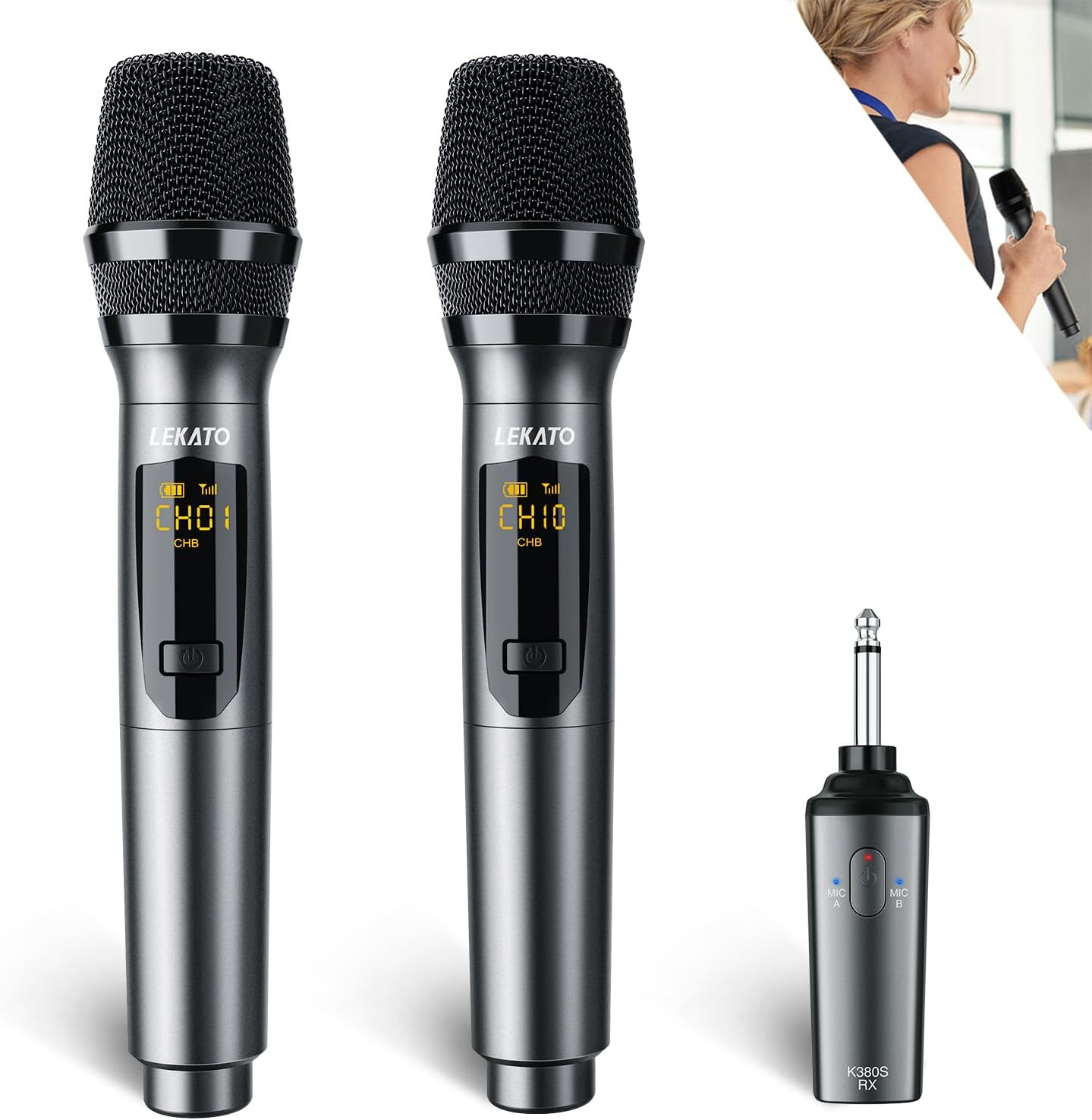 Wireless Microphone, LEKATO Rechargeable Wireless Microphone Metal Dual Handheld Dynamic Mic with Rechargeable Receiver, 1/4'' Plug for AMP, PA System, Karaoke, Singing, Party, Church, Wedding image number 1