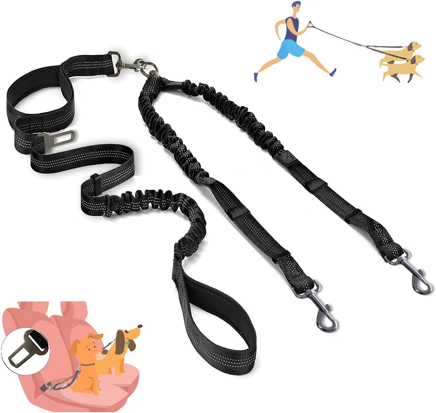 Kelivi Double Dog Lead, Dual Lead for Dogs No Tangle with Two Padded Handle & Car Seat Belt Buckle, 360&deg; Swivel Heavy Reflective Adjustable Bungee Double Dog Leash for Walking Medium Large Dog (Black)