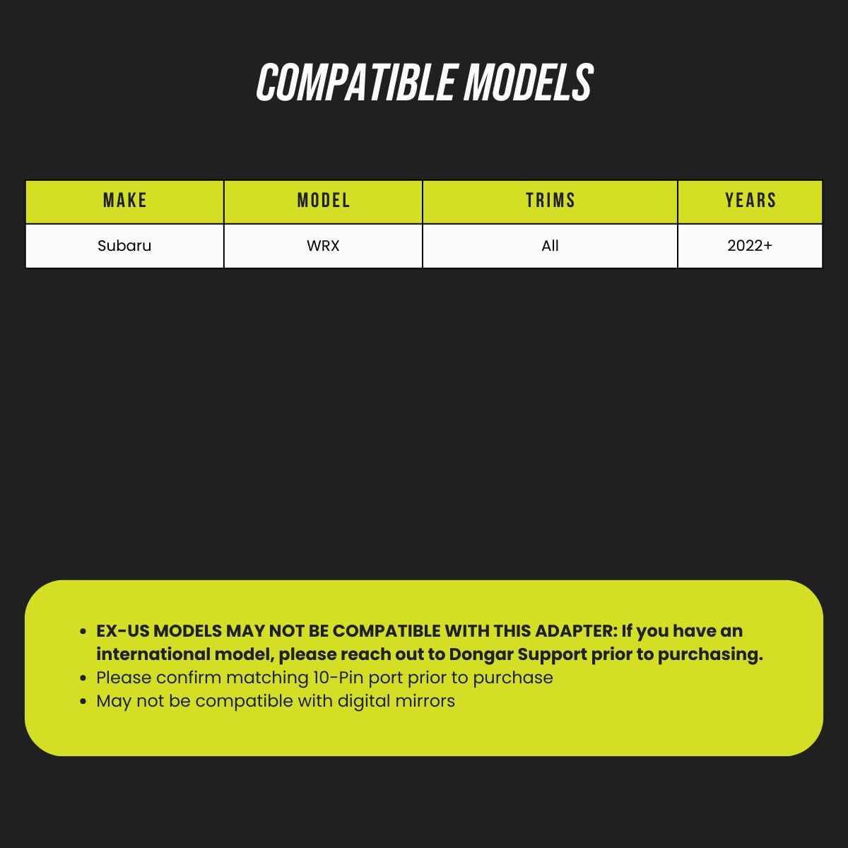 Dongar Dashcam Power Adapter (10-Pin Type X) for 2022+ Subaru WRX. USB Power Source Connects to Rearview Mirror for Easy, Plug & Play Install for Dash Cams, Radars, and More. image number 1