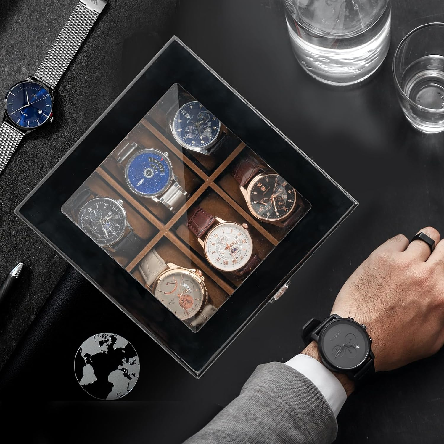 Procase 6 Slots Lacquered Finish Wooden Watch Box for Men, Men&rsquo;S Watch Organizer with Glass Top, 2-Tier Display Case for Wristwatch Storage image number 4