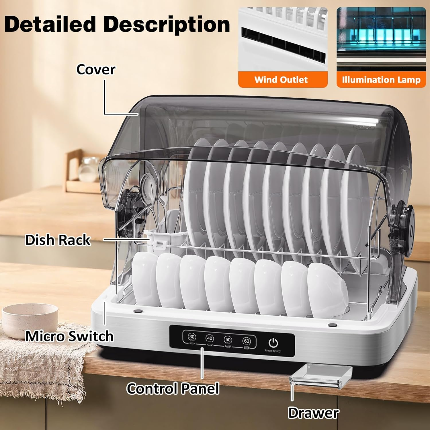 Advwin Steriliser Cabinet 32L with Hot Air Drying, 260W Dish Sterilizer Machine with Timer, Touch Control Countertop Disinfection Cabinet for Kitchen, Stainless Steel Dryer with Water Tray image number 5