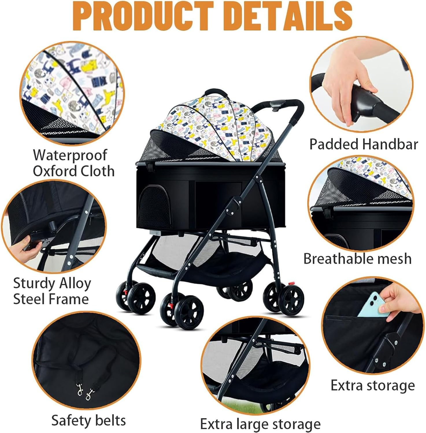 Large Pet Stroller - Dog Cat Carrier Pushchair, Foldable Pram 4 Wheels Black, Detachable Design Baby Pet Stroller, Removable and Washable Padded
