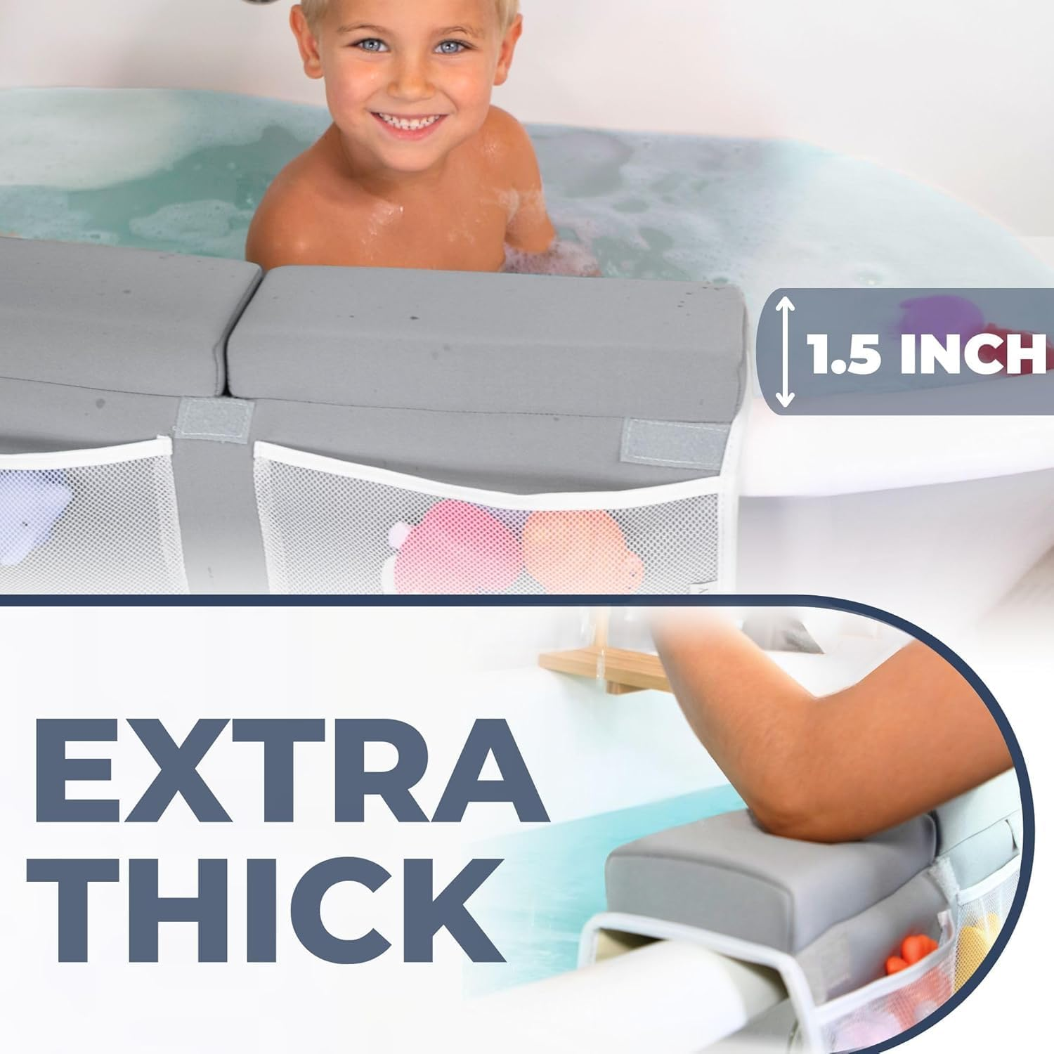 Comfortable Baby Bath Kneeler and Elbow Rest Pad Set - Thickest Bathtub Kneeler Pad with Memory Foam and Bath Toys Organizer - Bath Kneeling for Bathing Baby - Relieve Your Knees and Elbows (Grey) image number 2