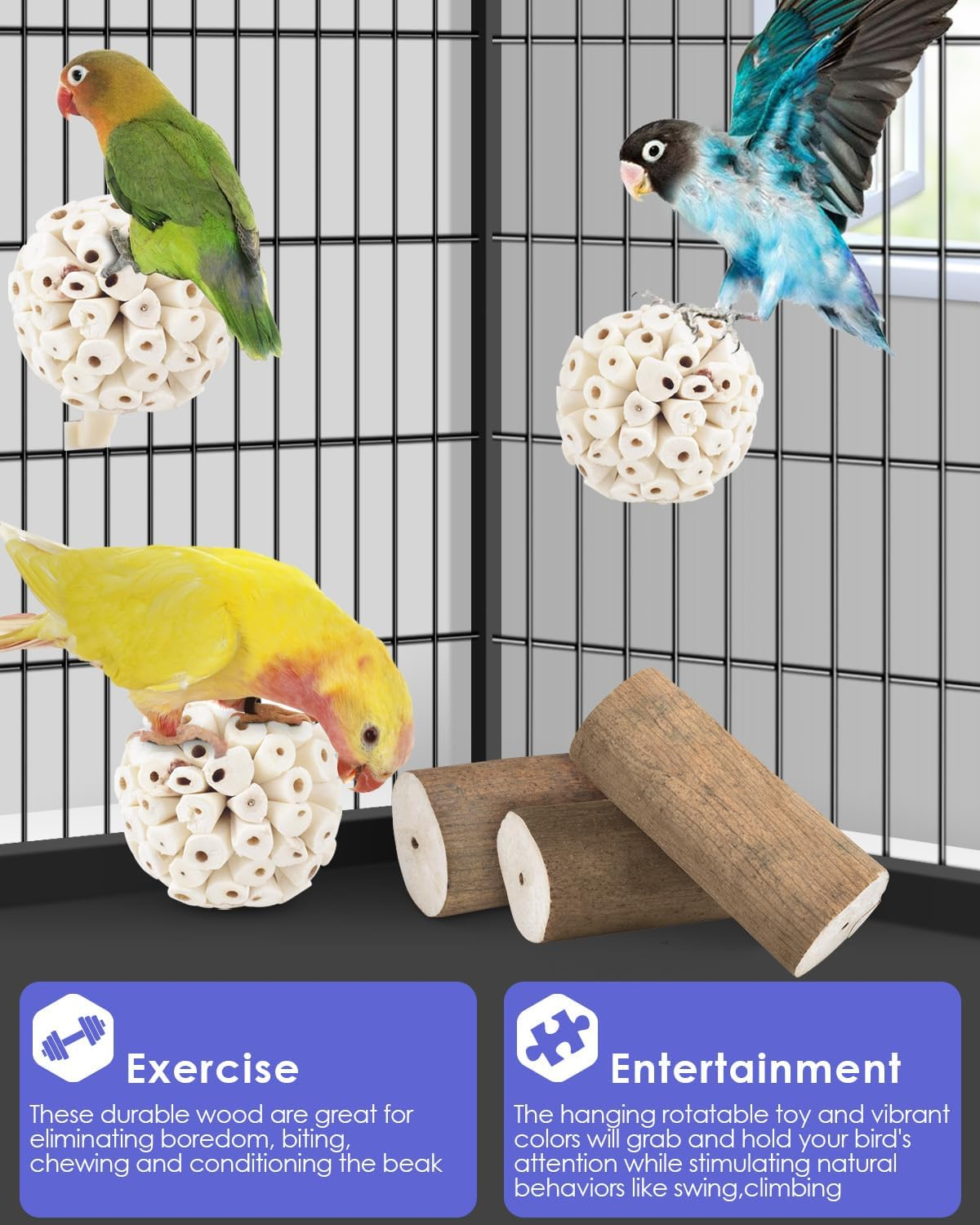 Bissap 7PCS Small Parrot Toys, Natural Sola Balls Bark Sticks Chew Forage Toy Bird Foot Balls for Cockatiels Conures Cockatoos Parakeets Love Birds Budgie Finch Cage Bite Toys image number 3