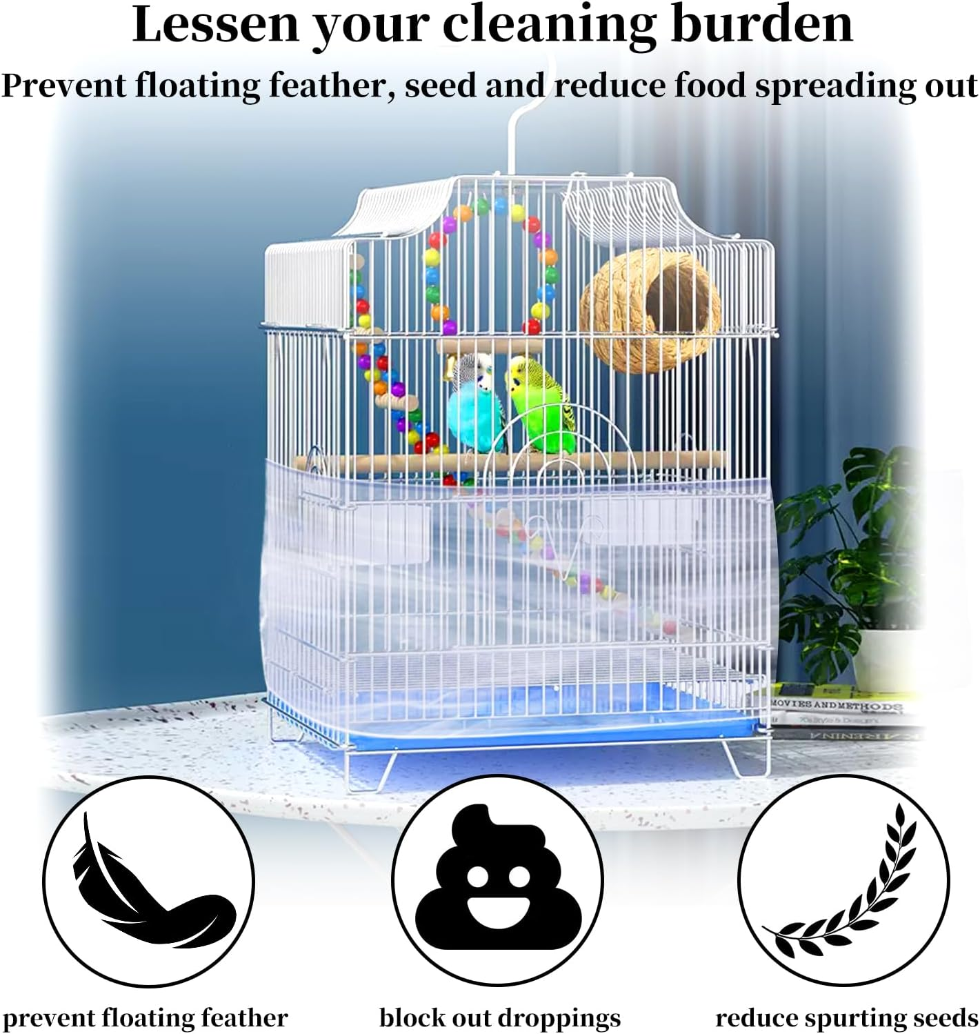 HOYDATE Adjustable Bird Cage Net Cover Birdcage Seed Feather Catcher Soft Skirt Guard Birdcage Nylon Mesh Netting for Parrot Parakeet Macaw round Square Cages (Circumference 37 Inch to 75Inches) image number 5