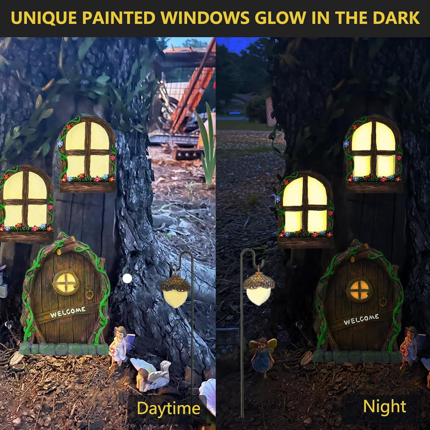 Miniature Fairy Garden Accessories: Glow in the Dark Fairy Door and Windows for Trees, Green Resin Garden Ornament with Lantern image number 2