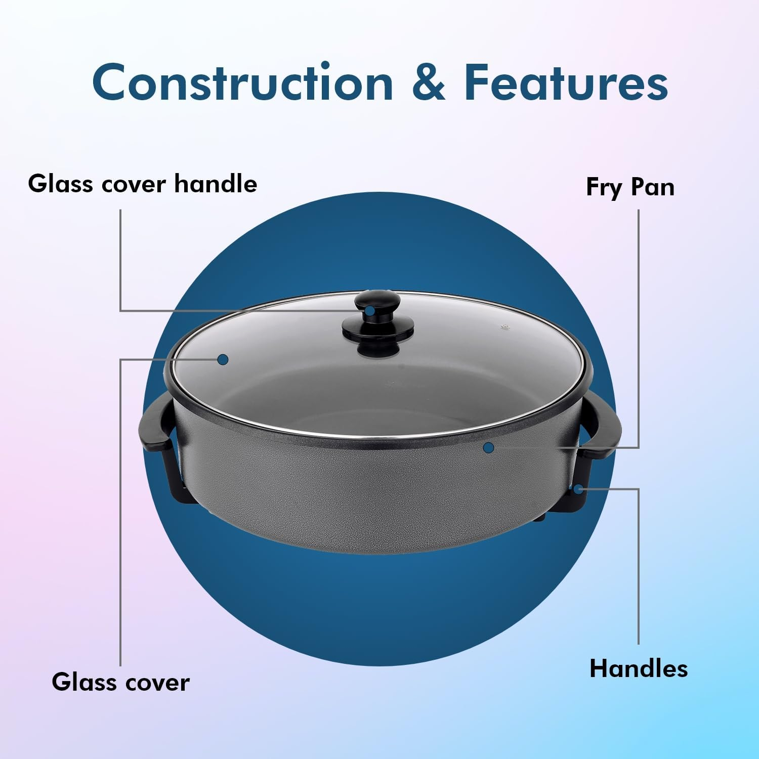 Healthy Choice 38CM Electric Kitchen Skillet with Nonstick Coated Grill Pan & Glass Lid Cover, Indoor Countertop Cooking Pan with Temperature Control & Handle Compact Easy Clean image number 5