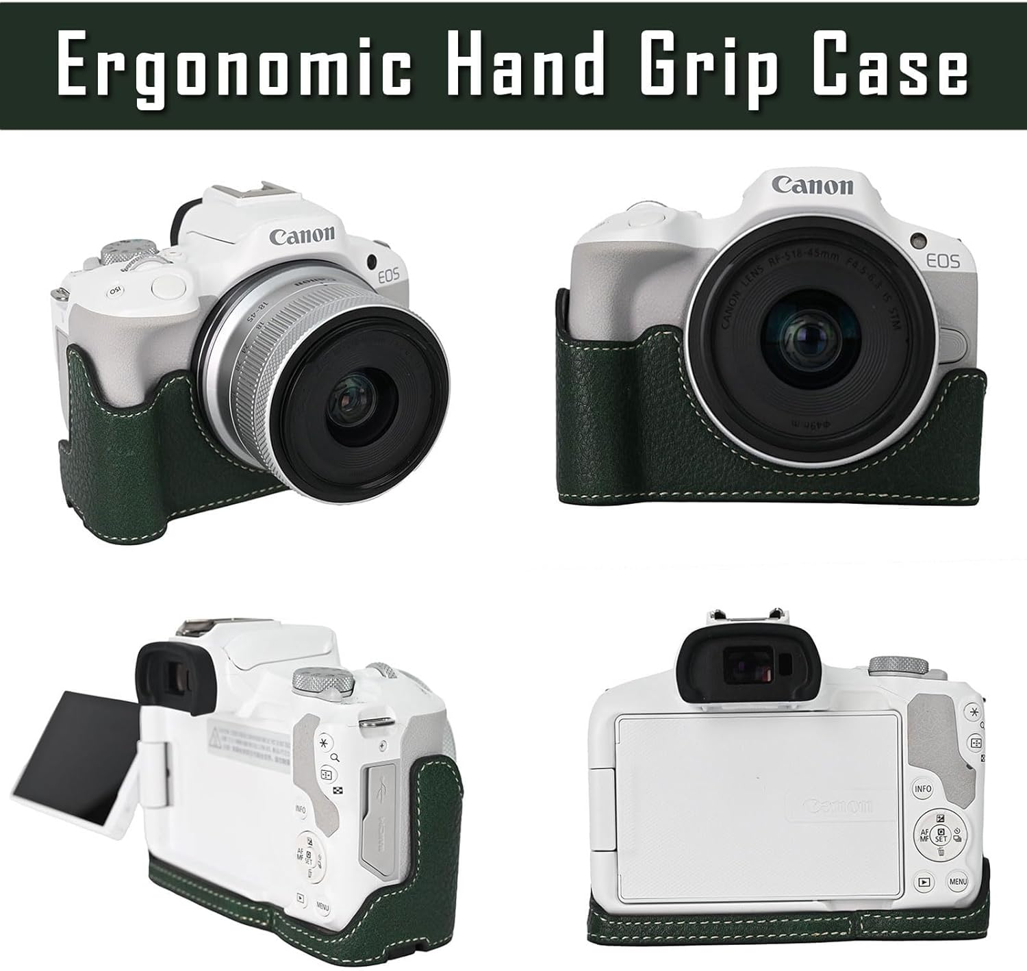 EOS R50 R100 Case, Retro PU Leather Protective Case for Canon EOS R50 R100 DSLR Camera, EOS R50 R100 Camera Case Bag, with Bottom Opening & Shoulder Strap. (Green) - Green image number 6