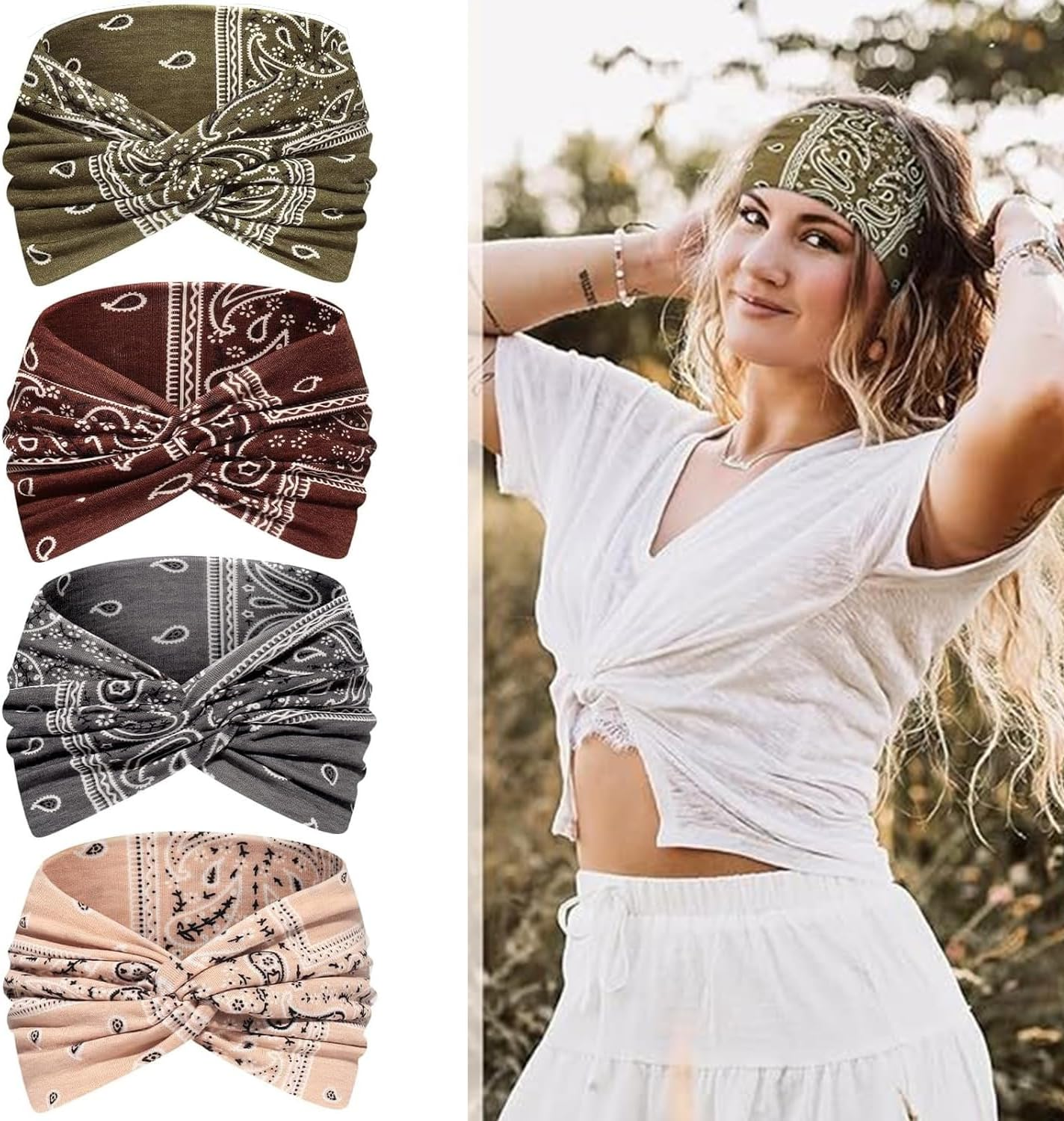 Pack of 4 Women'S Summer Boho Clothing Women'S Headbands, Headscarf, Elastic, Hair Bands, Hair Scarf Women for Tying Colourful, Make-Up Headband Girls, Hair Accessories Women, Headband Sport