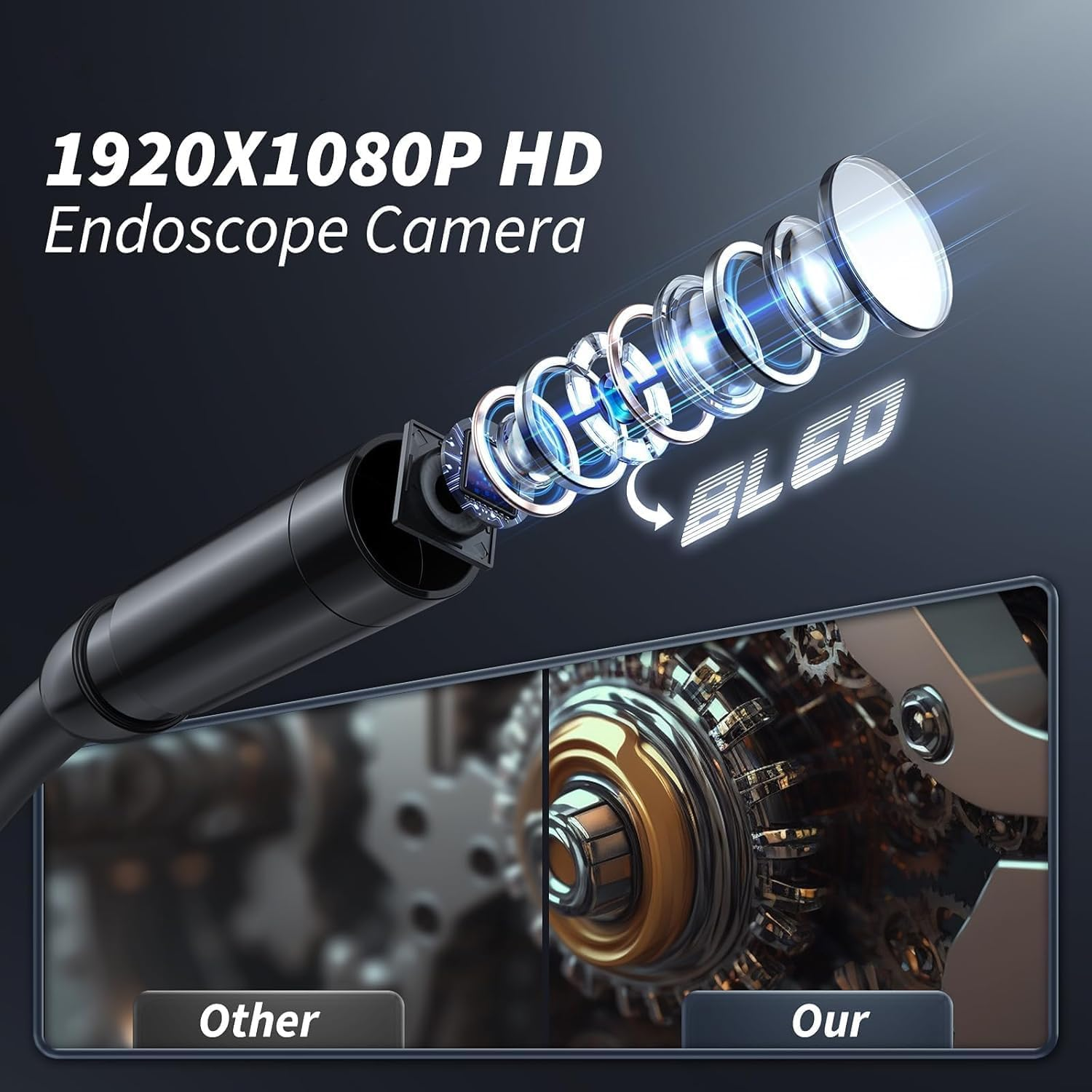 Deraweey Endoscope Camera with Light, Industrial Endoscope, 8Mm 1920P HD IP67 Waterproof Borescope with 8 Adjustable LED Lights, Inspection Camera for Iphone, Ipad and Android Devices（16.5Ft） image number 4