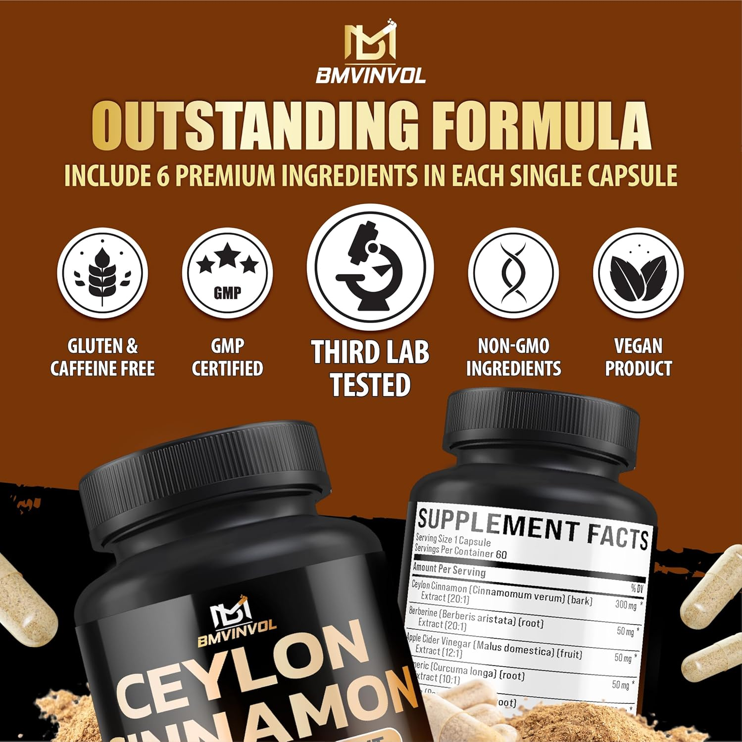 Ceylon Cinnamon Capsules with Berberine Hcl Supplement - Panax Ginseng, Apple Cider Vinegar, Turmeric Curcumin - Support Immunity & Energy Production - 60 Capsules [2 Month Supply] image number 2