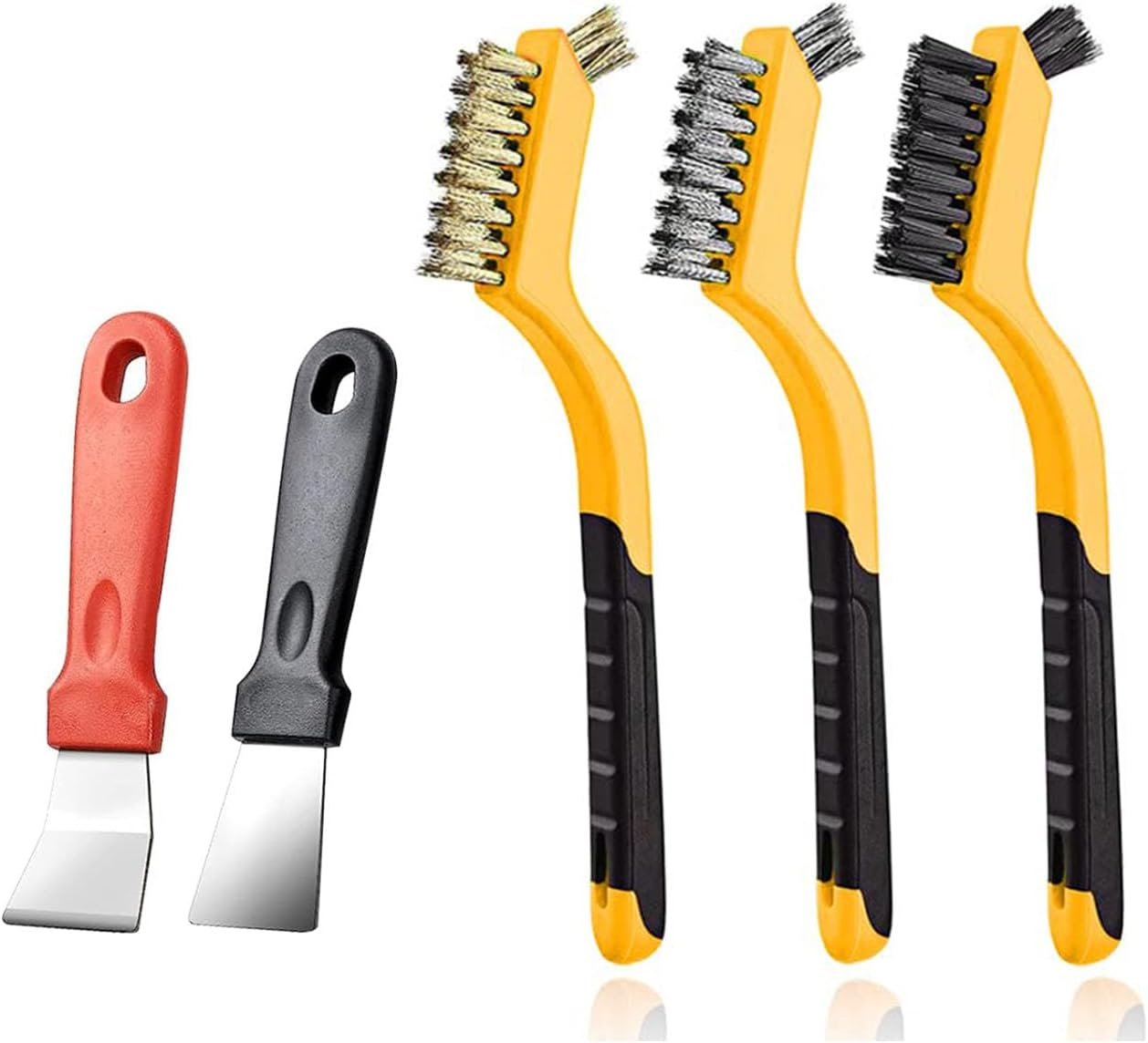 Wire Brush Set 5Pcs - Nylon/Brass/Stainless Steel Bristles with Curved Handle Grip,Rust Removal,Grill Cleaner,Paint Scrubbing Double-Ended Cleaning Brush and Picks Set image number 2