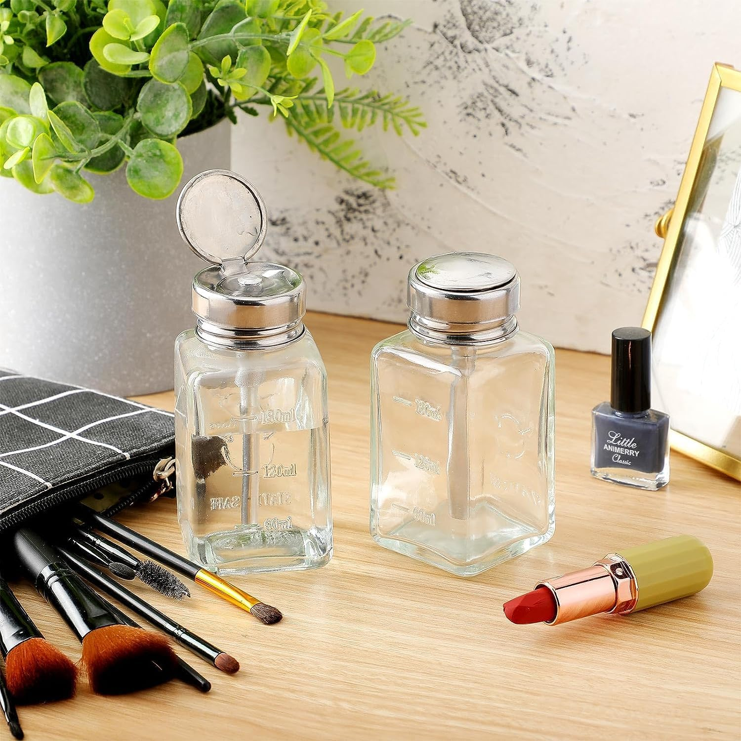 HEHIPLE 2 Pcs 6 Oz/ 180 Ml Clear Glass Pump Dispenser Bottle with Metal Flip Cover for Makeup Remover, Nail Polish Remover, Lotions, Soaps, Shampoos - Reusable, Leak-Resistant, Modern, Chrome Finish image number 2