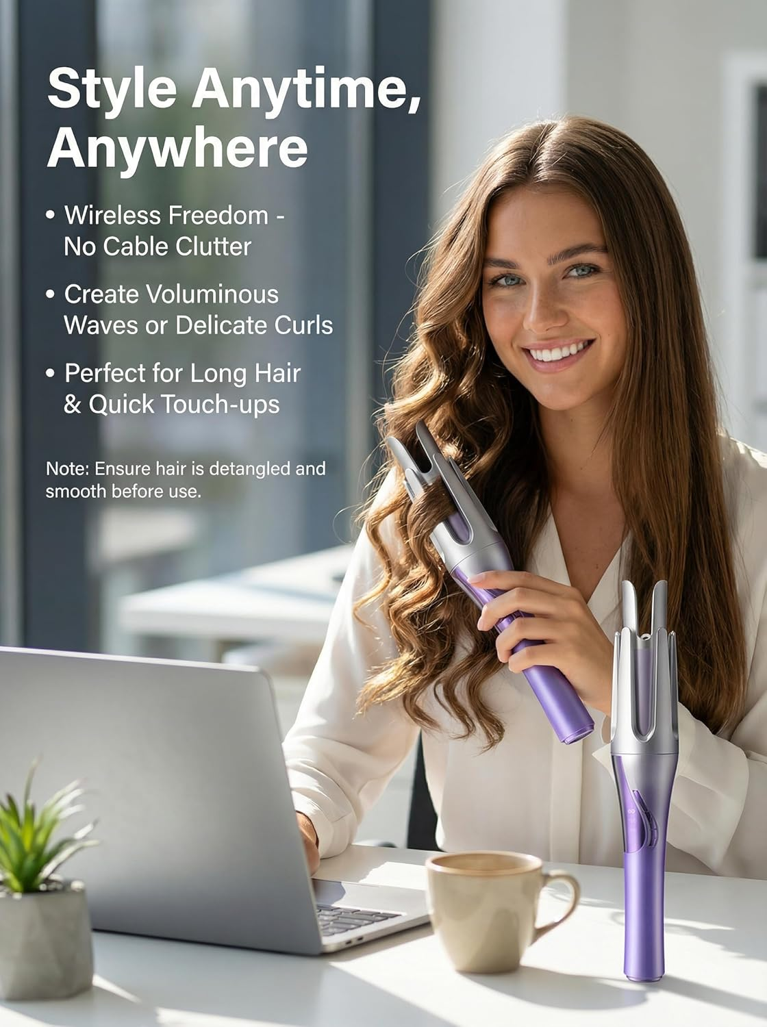 Cordless Automatic Hair Curler, 32Mm Rechargeable Rotating Curling Iron for Effortless Curls, 30S Fast Heat-Up with 3 Temp Settings & Anti-Tangle Tech (Gradient Purple) image number 4