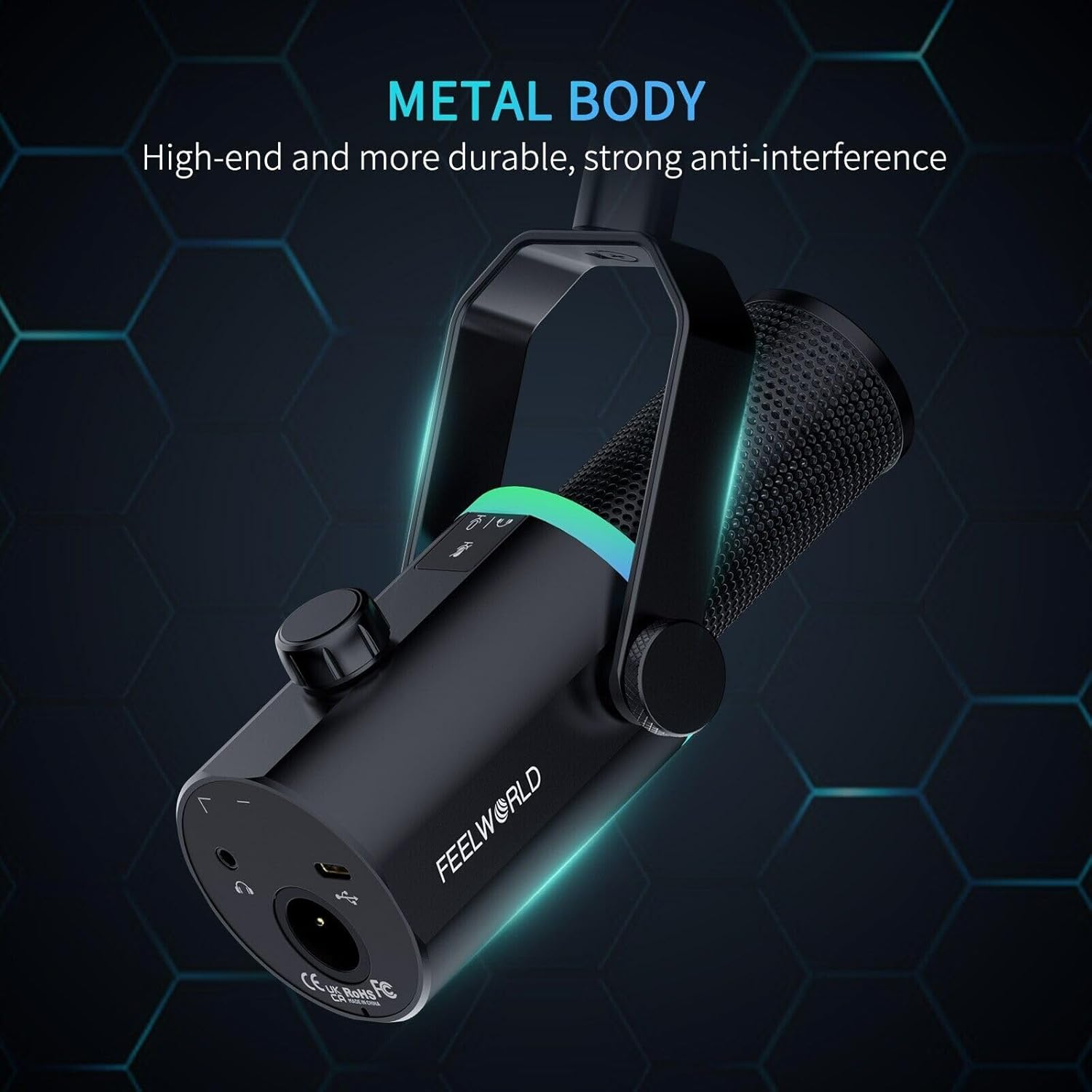 FEELWORLD PM1 Dynamic Microphone, PM1 XLR/USB Dynamic Metal RGB Lighting Microphone for Podcasting Recording Gaming Live Streaming image number 6