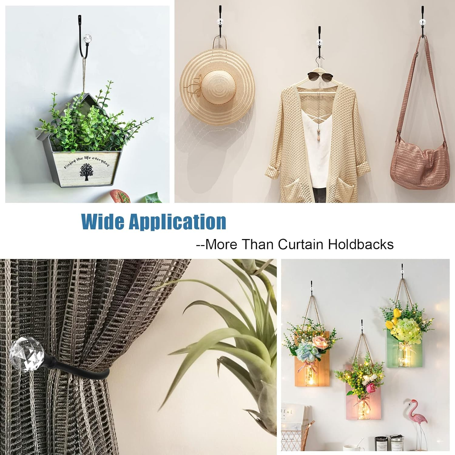 Crystal Curtain Holdbacks - Wall Mounted Decorative Curtain Pull Backs for Drapes - Metal Heavy Duty Window Treatment - U Shaped - Black 2 Pack image number 4