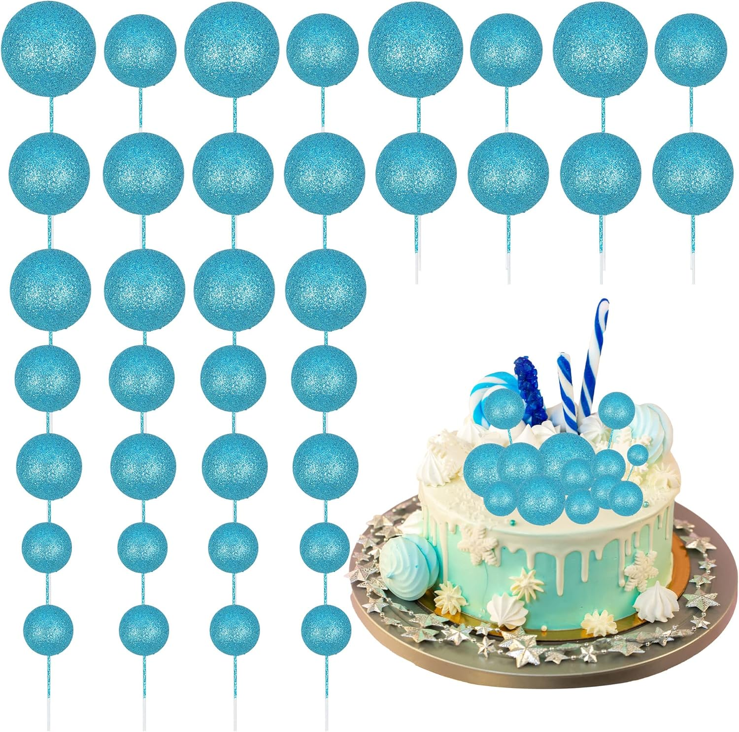 Ephlyn 30Pcs Balls Cake Topper Foam Ball Cake Picks Mini Balloon Cupcake Insert Bubble Balls DIY Decoration for Baby Shower Kids Birthday Party Decorations Pearl White Pink Rose Red