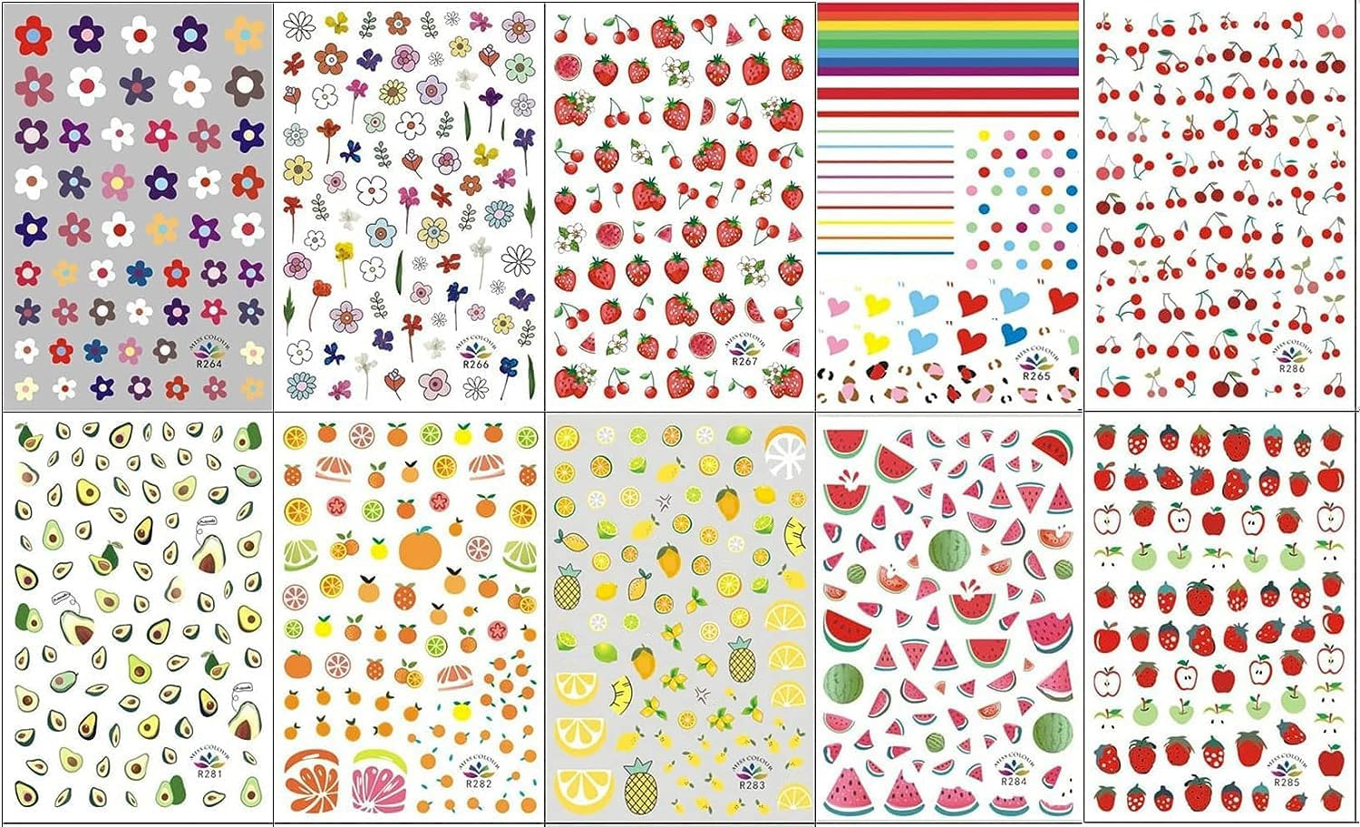 10 Sheets Strawberry Nail Art Stickers Decals Self-Adhesive Cute Fruits Strawberry Watermelon Avocado Cherry Nail Decoration Accessories for Little Girls Kids image number 3