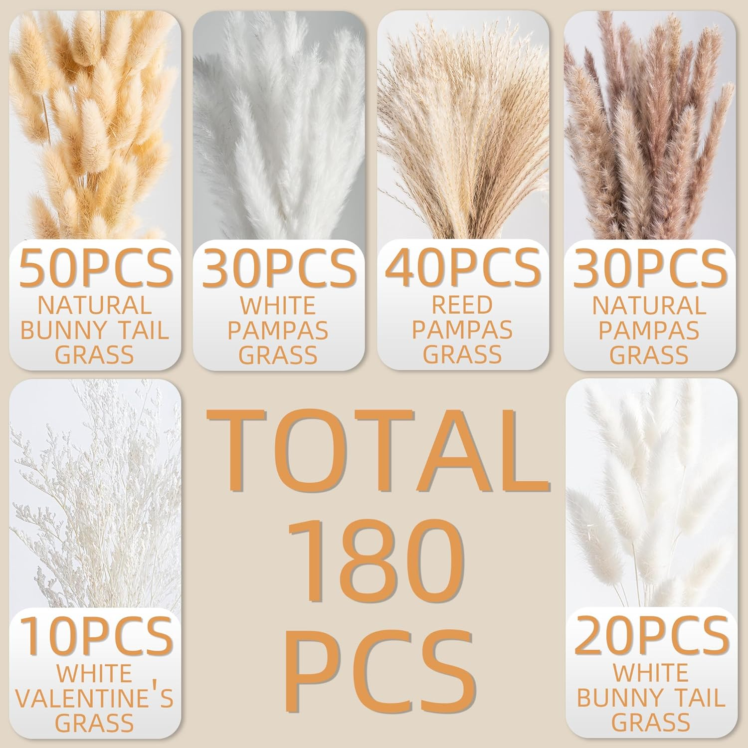 180PCS Natural Pampas Grass Mix Bouquet | Dried Pampas Bouquet for Wedding Boho Flowers Home Table Decor Desk Decor, Rustic Farmhouse Decor (180PCS) image number 4