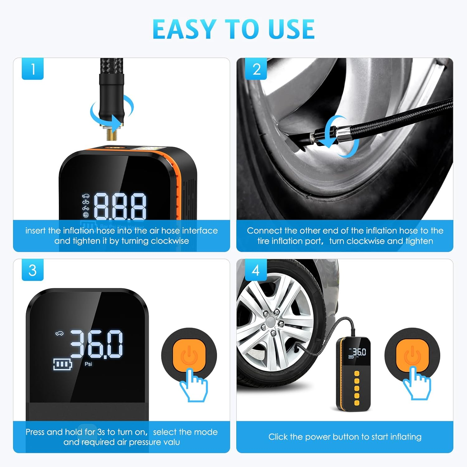 AMIR Portable Air Compressor, Powerful Cordless Tyre Inflator with 3 Nozzle Adaptors and LED Light, Tyre Pump with Pressure Gauge for Car, Motorbike, Bike and Ball image number 4