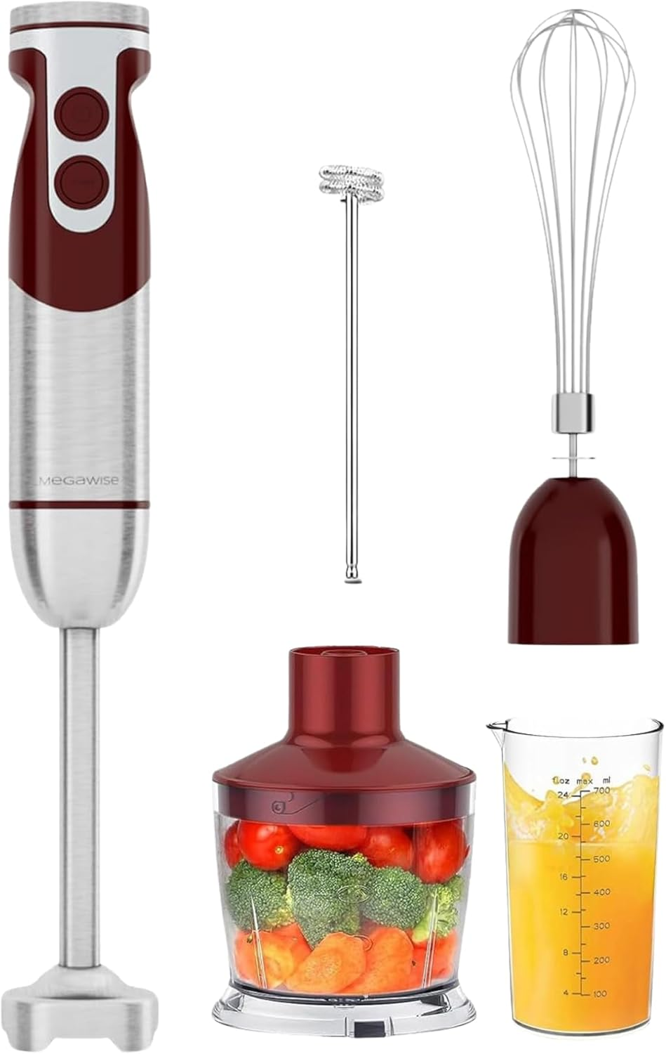 Megawise Pro Titanium Reinforced 3-In-1 Immersion Hand Blender, Powerful Copper Motor with 80% Sharper Blades, 12-Speed Corded Blender, Including Dish Washer Safe Whisk and Milk Frother