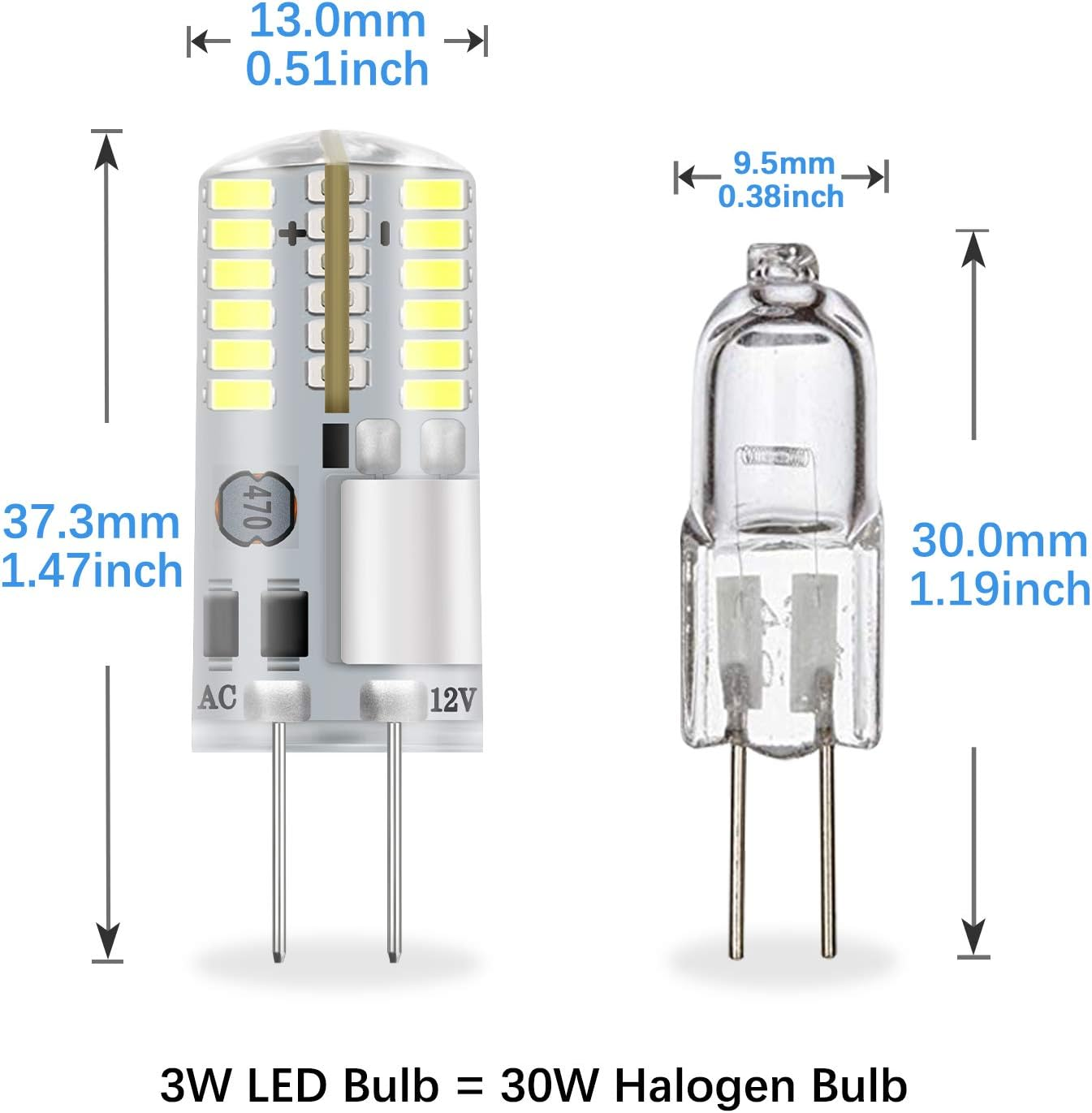 Dicuno G4 3W (30W Equivalent) Daylight White 6000K LED Light Bulbs 12V Non-Dimmable 250LM Halogen Bulb Replacement 10-Pack