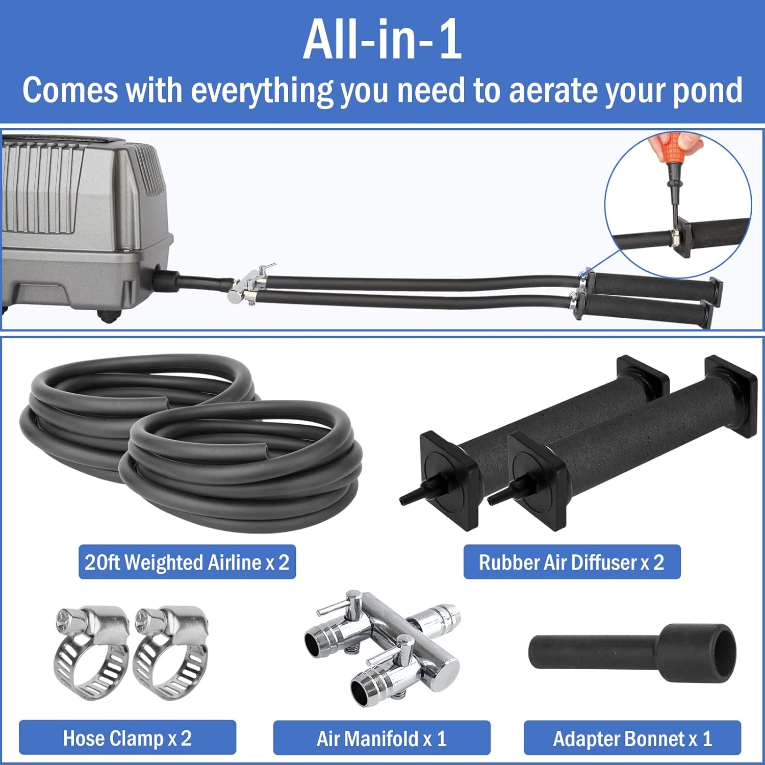 Aquamiracle Pond Aeration Kit - Koi Aerator Air Pump for up to 15000 Gallons, Deicer All-In-One System with Self-Sinking Airline, Flow Control, Rubber Air Diffuser