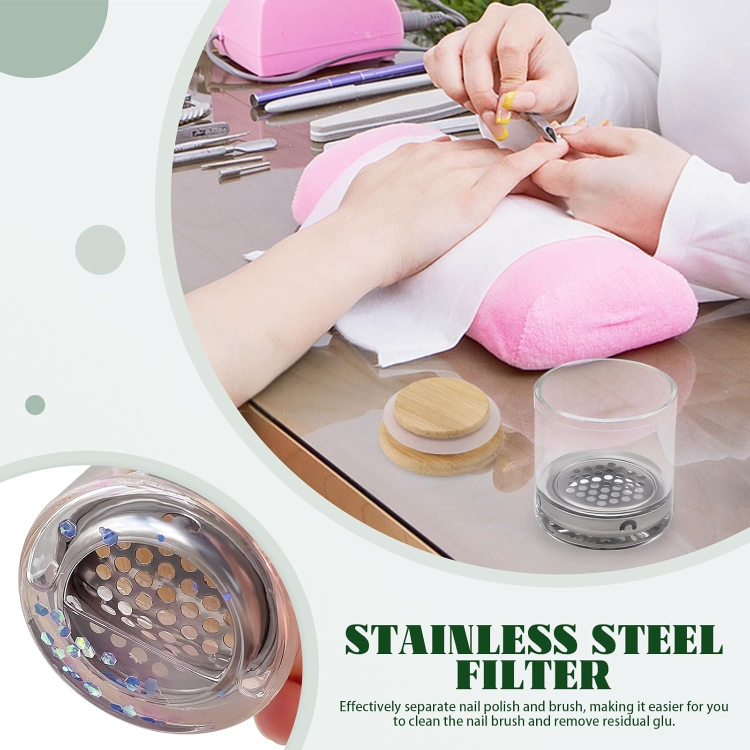 Diakey 4 Pack Acrylic Nail Brush Cleaner Dappen Dish with Lid, Mesh Layered Nail Art Brush Monomer Liquid Wash Cup Glass Removal Jar for Sequins Glitter Powder, 2.2In High - 2.2In High image number 6