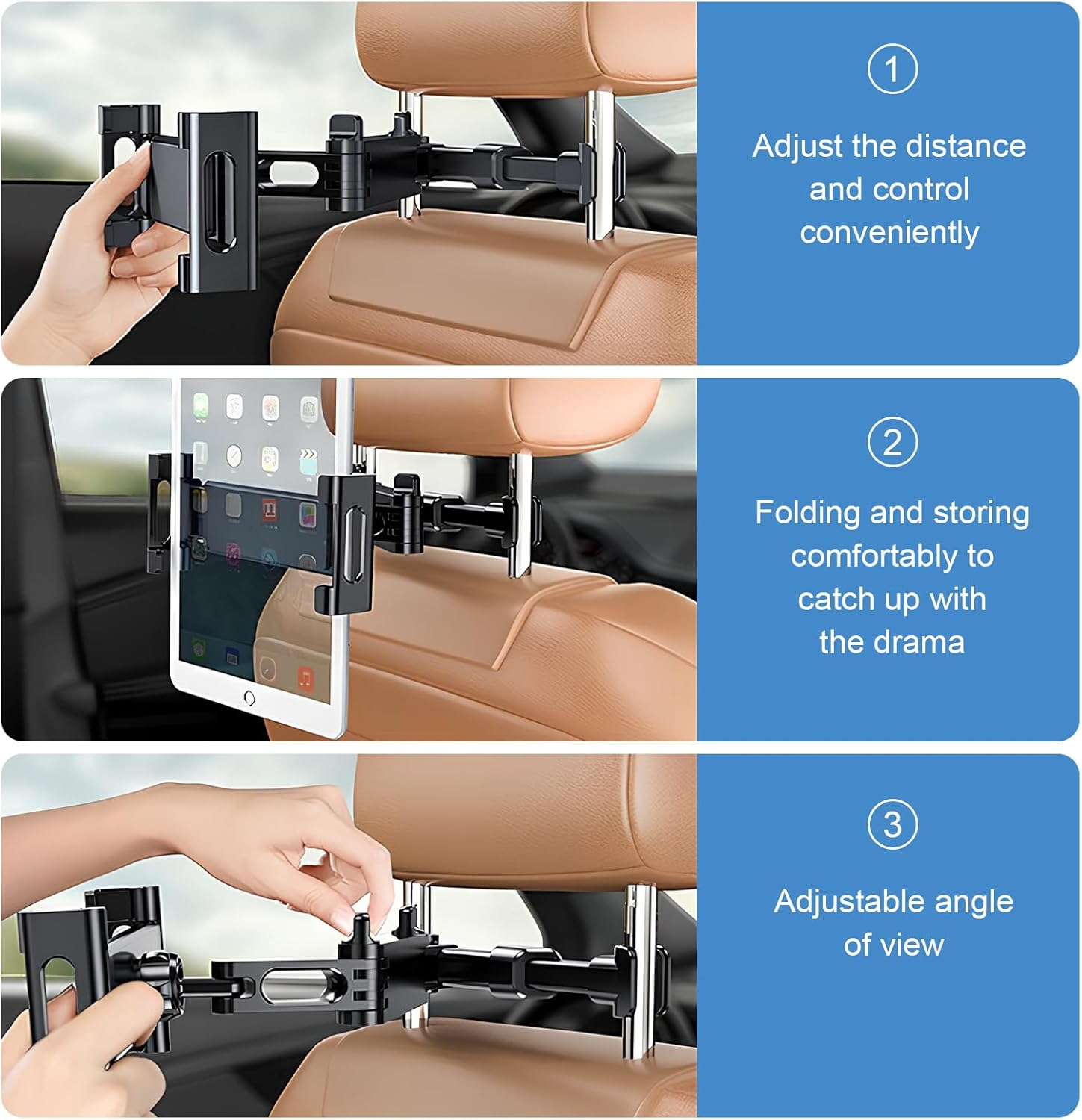 Car Headrest Tablet Holder, Car Backseat Tablet Mount, Adjustable Tablet Car Mount for Back Seat, 3 in 1 Extension Arm, Road Trip Essentials for 4.7-12.9" Tablet, Switch, Phone, Ipad image number 3