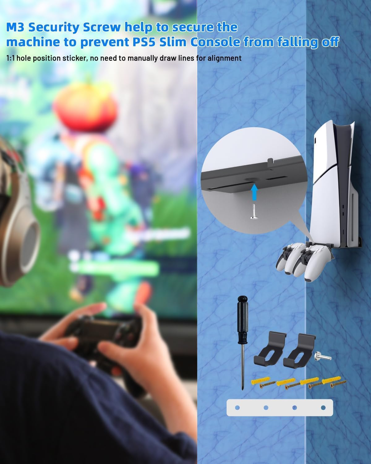 ZONEY Wall Mount for PS5 Slim Wall Mount, PS5 Slim Stand with 2 Removable Controllers Holders, Sturdy Floating Your New PS5 on Wall with Screw Fixing, behind TV (Black, Only for Slim) image number 1