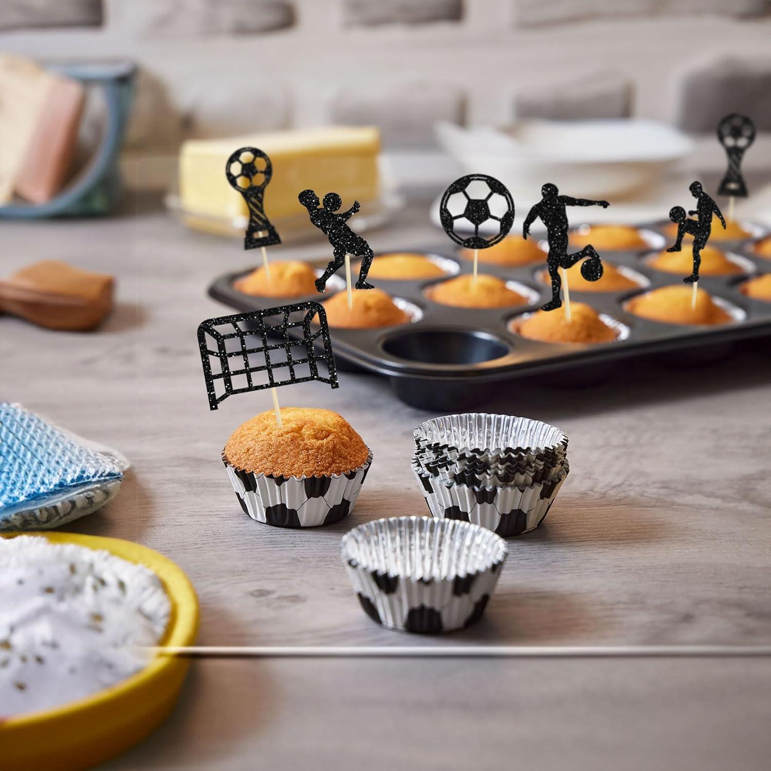 24Pcs Soccer Cupcake Toppers Glitter Soccer Ball Cupcake Picks Sport Cake Decorations Football Theme Birthday Party Baby Shower Kids Boys Men Birthday Party Favors Supplies Black