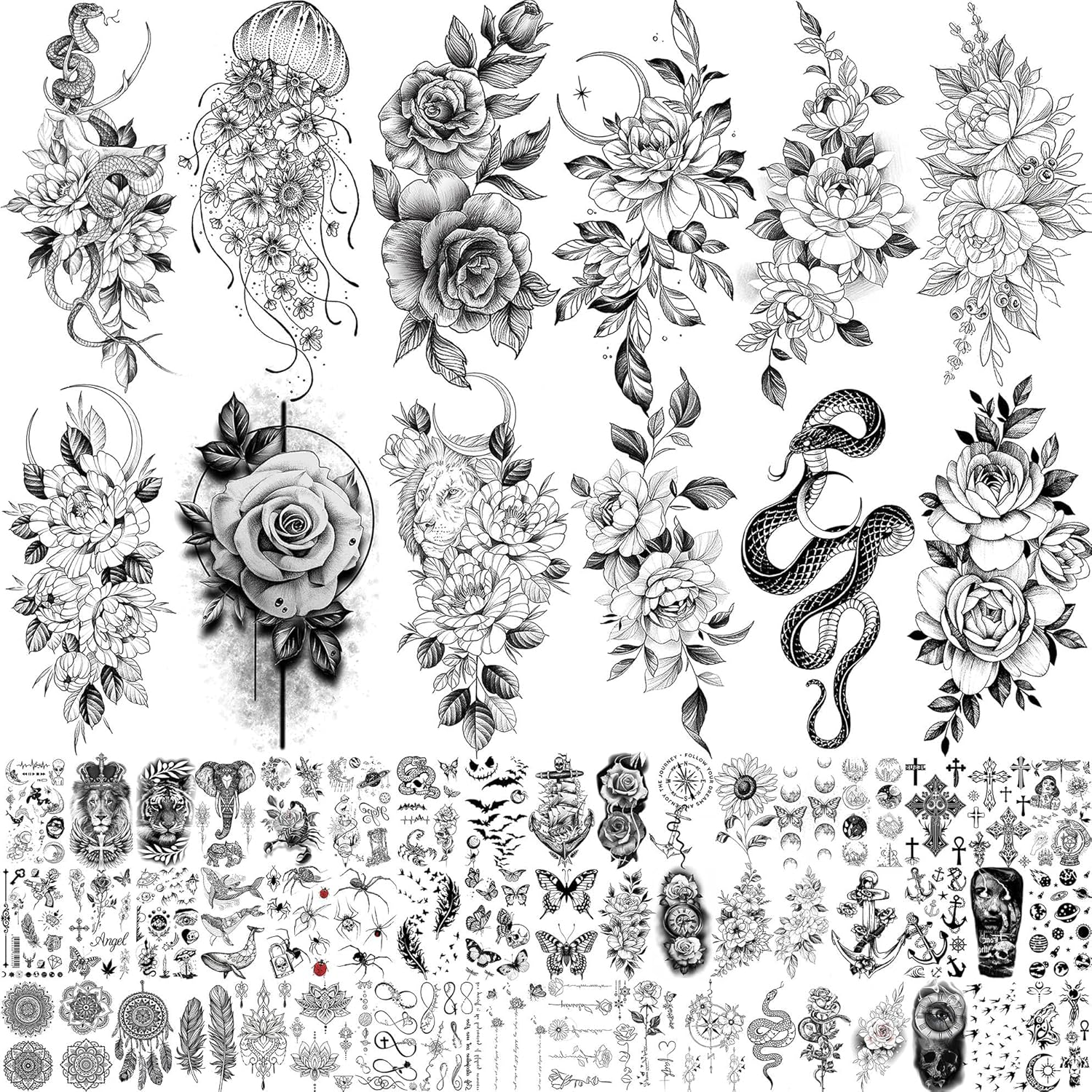64 Sheets Long Lasting Flower Temporary Fake Tattoos for Women Arm Neck, Jellyfish Sunflower Moon Rose for Adults Girl, 3D Temp Realistic Snake Tatoo Stickers Serpent Peony Floral Kids image number 5