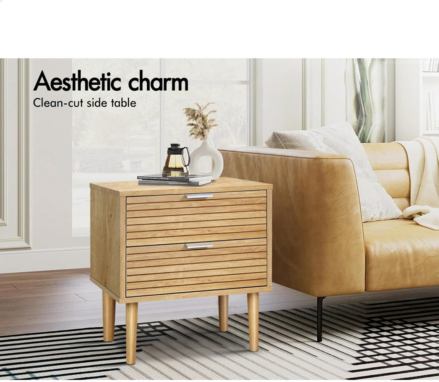 ALFORDSON Bedside Table 2-Drawer Nightstand, 48X 40X 52Cm, Side Cabinet Chest Table for Hallway, Bedroom and Living Room, Wooden Organiser Storage with Slatted Front (Wood Color) - Blackx2 image number 6