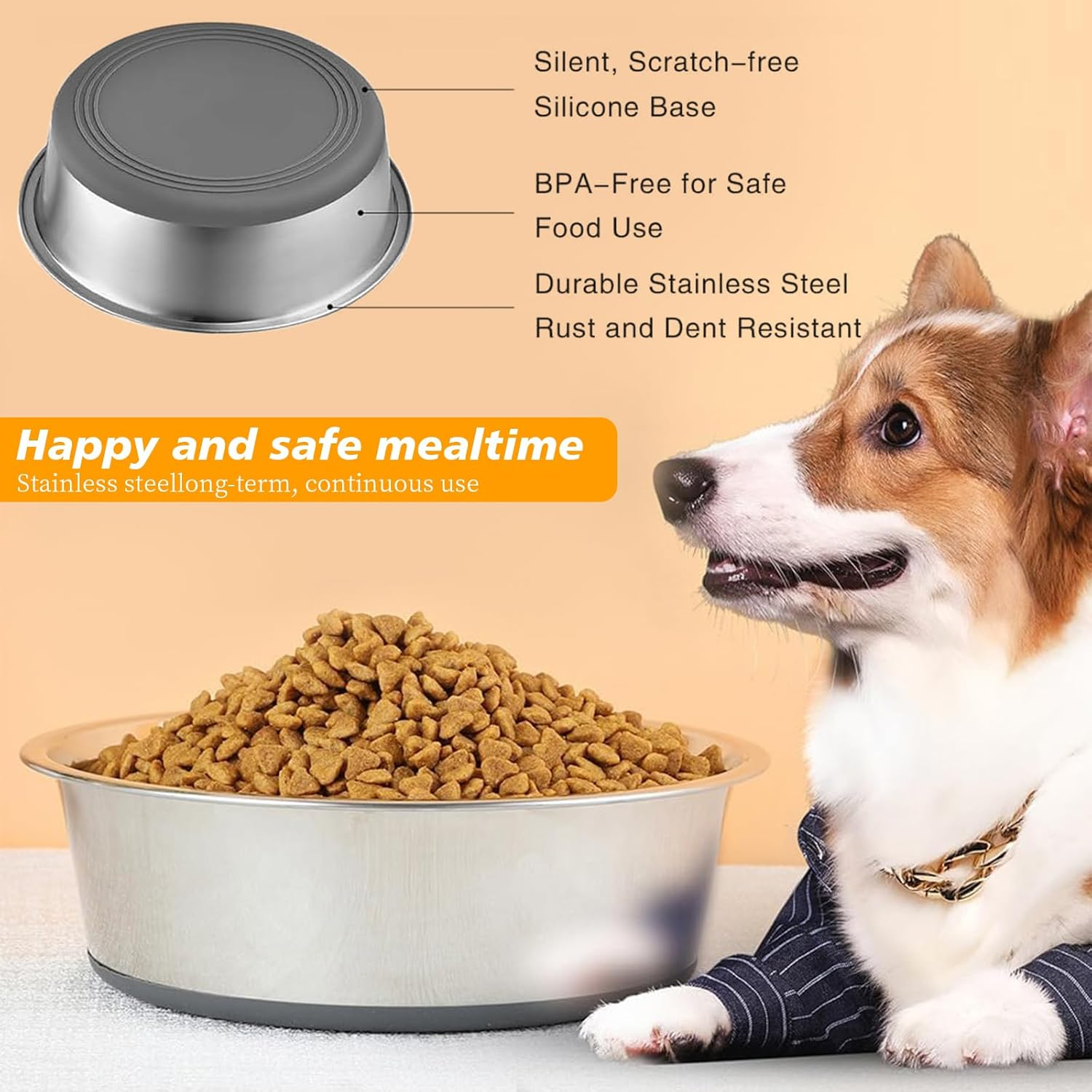 2 Pack Stainless Steel Dog Bowl Food Grade Metal Pet Bowls with Non-Slip Base, Rustproof & Chew-Proof Dog Bowl for Small/Medium Dogs, Dishwasher Safe Indoor/Outdoor Feeding Bowls Grey (14CM) image number 2